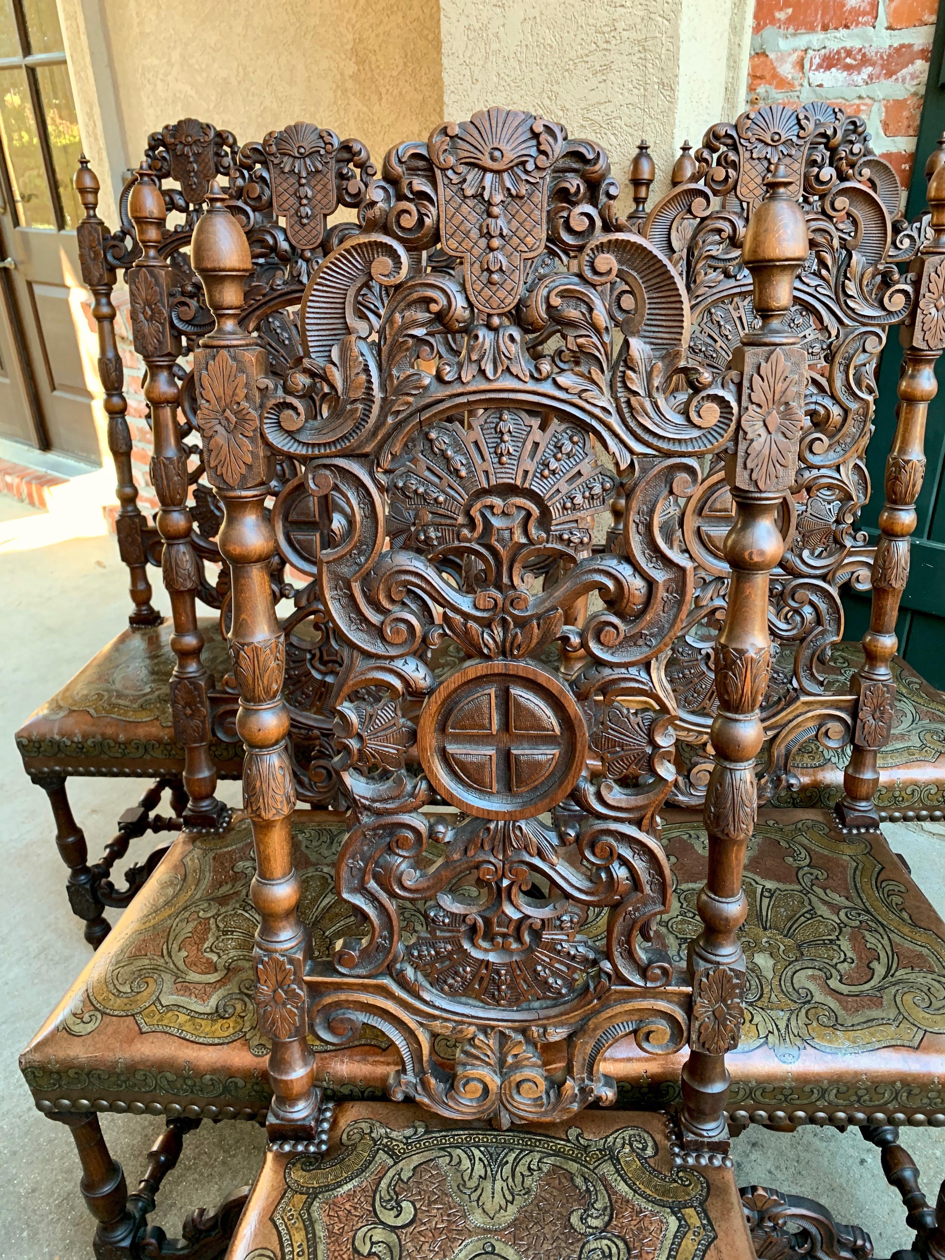 Set of 6 French Renaissance Carved Oak Dining Chair Embossed Leather Tall 7