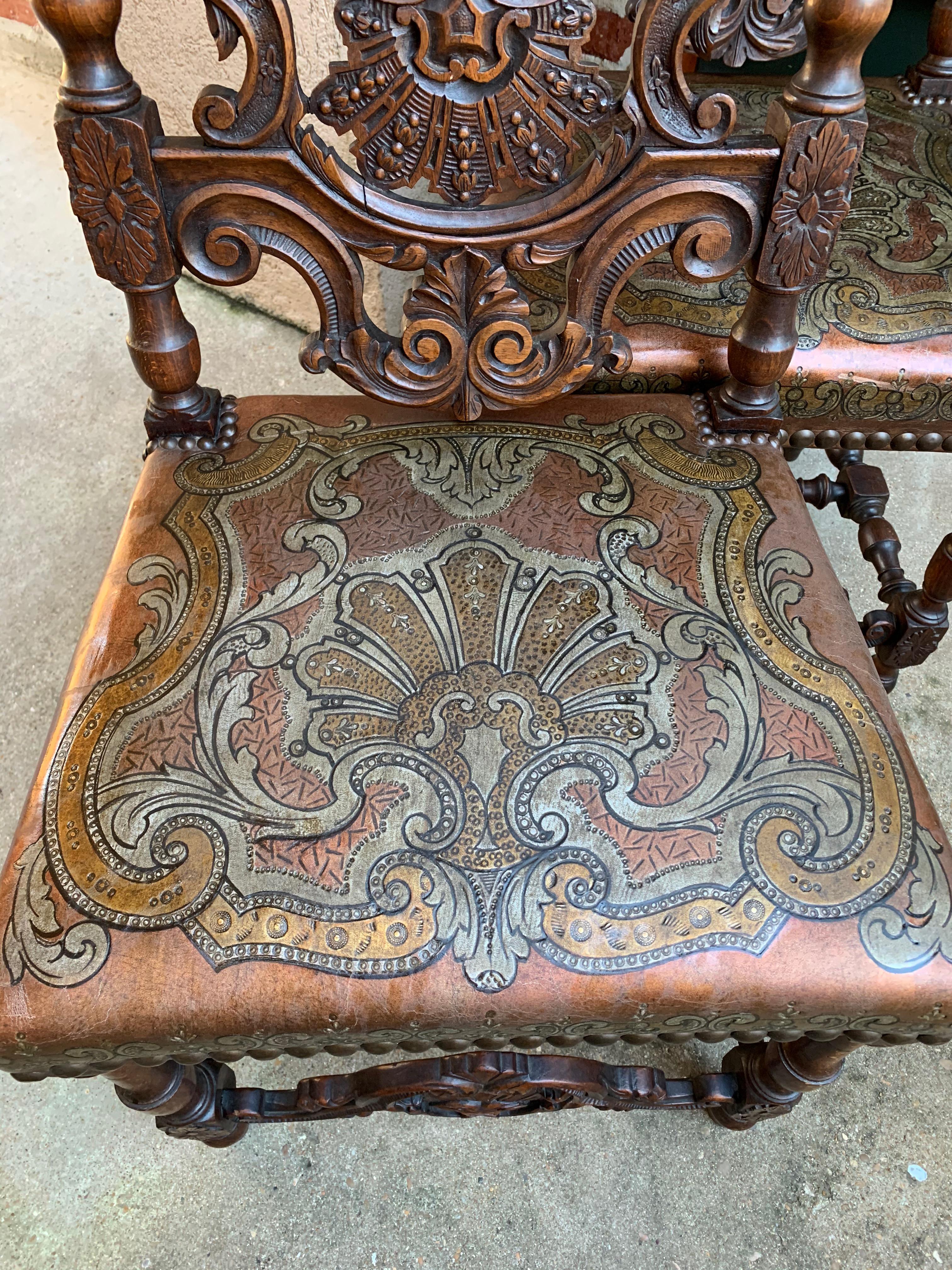 Set of 6 French Renaissance Carved Oak Dining Chair Embossed Leather Tall 8