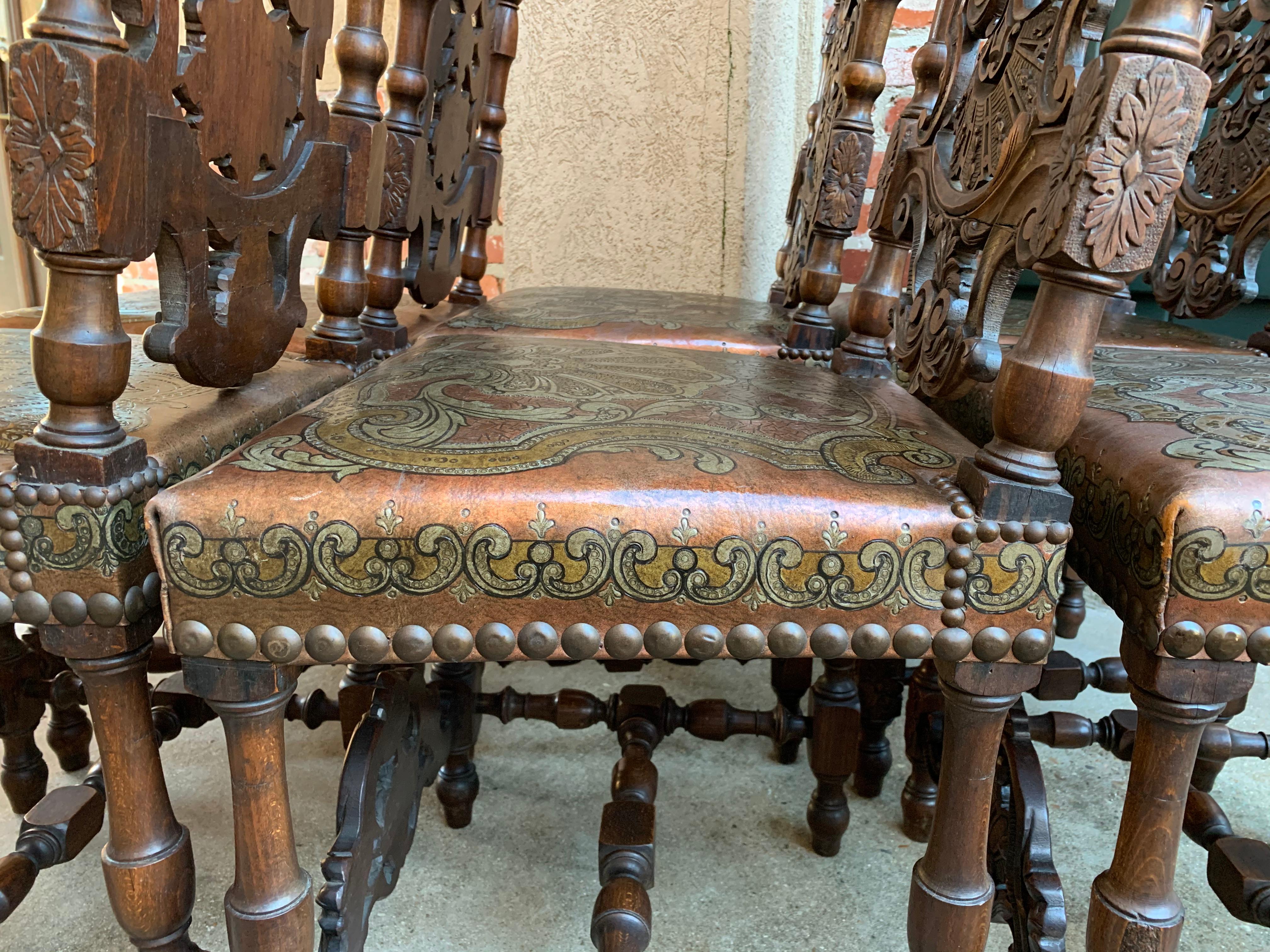 Set of 6 French Renaissance Carved Oak Dining Chair Embossed Leather Tall 9