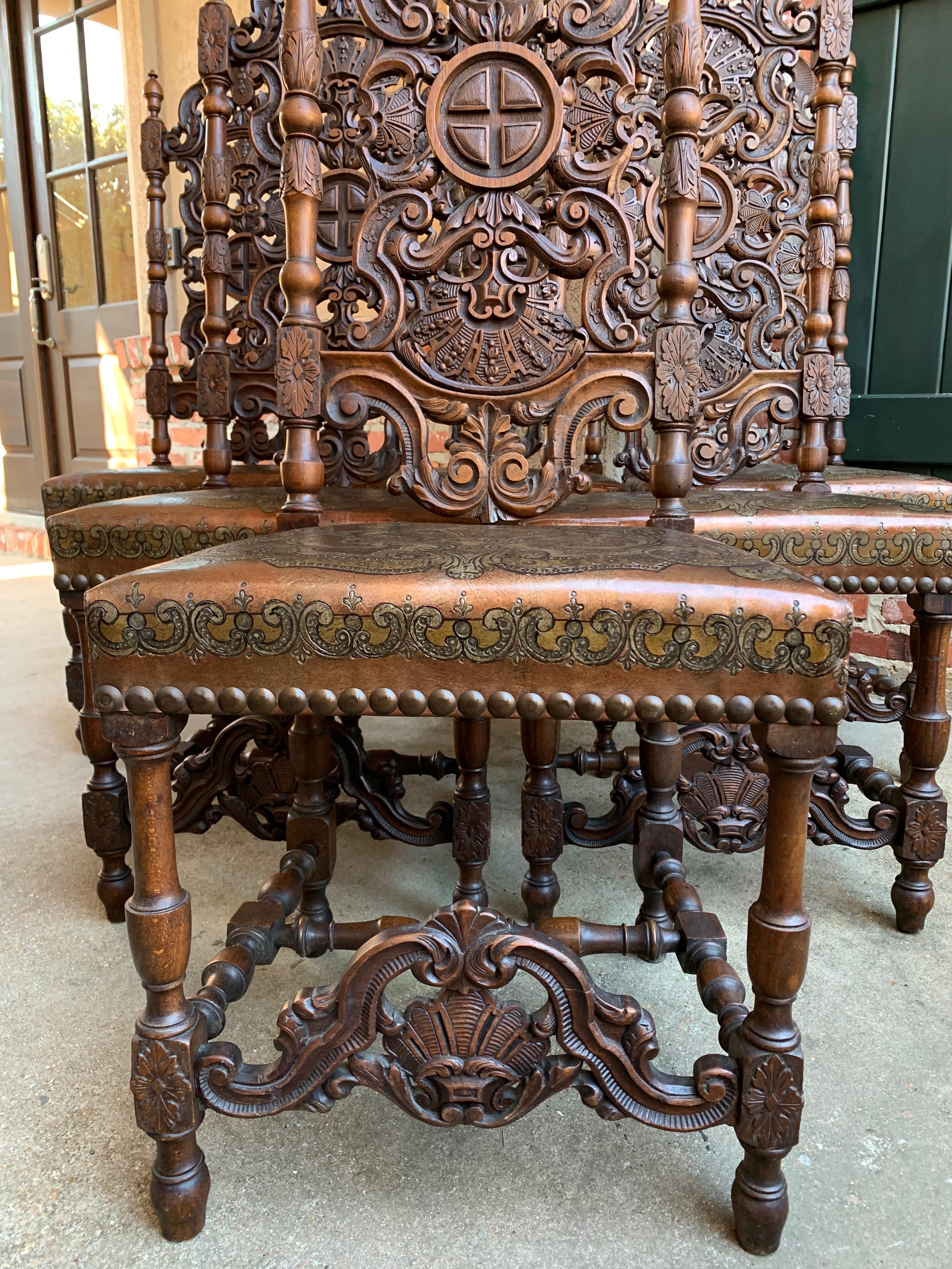 Set of 6 French Renaissance Carved Oak Dining Chair Embossed Leather Tall 11