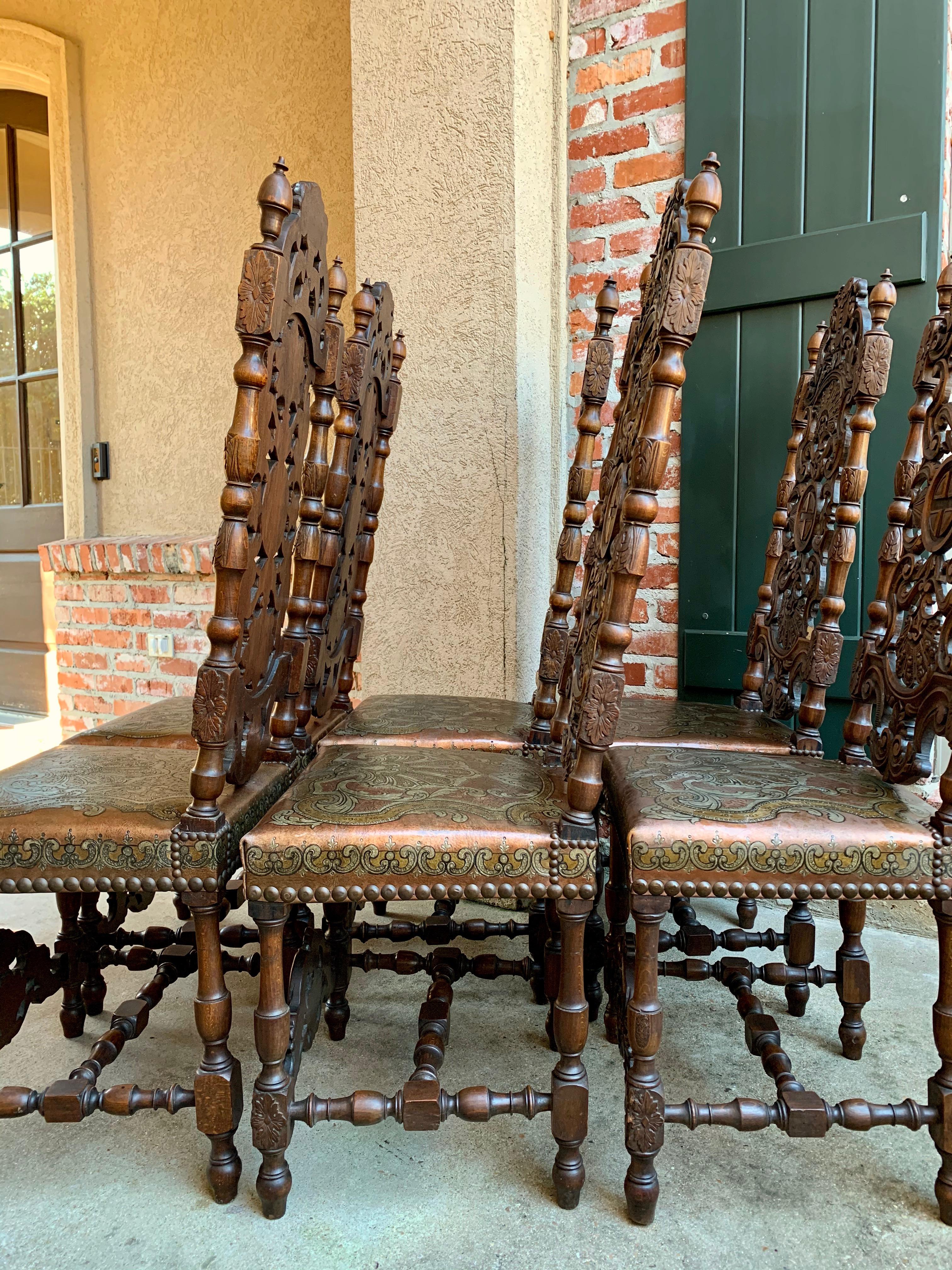 Set of 6 French Renaissance Carved Oak Dining Chair Embossed Leather Tall 12
