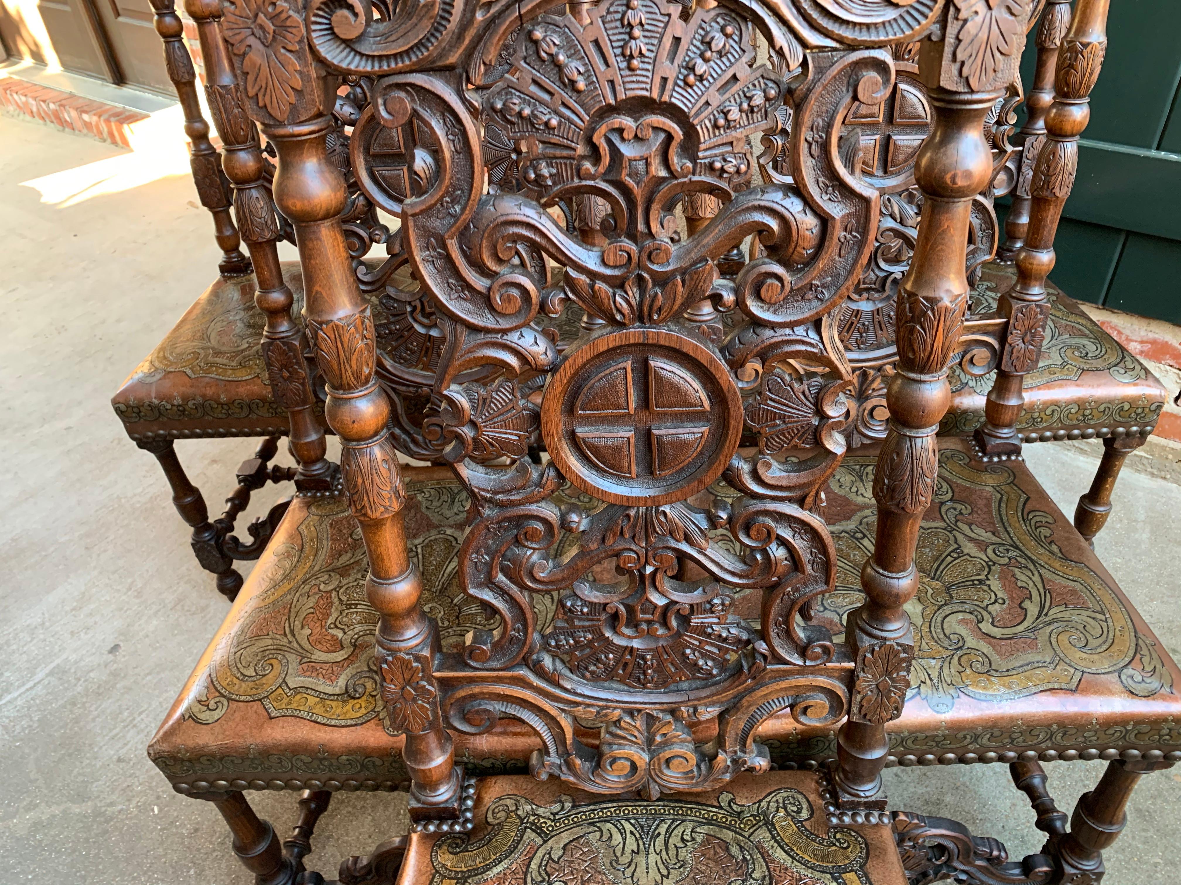 Hand-Carved Set of 6 French Renaissance Carved Oak Dining Chair Embossed Leather Tall