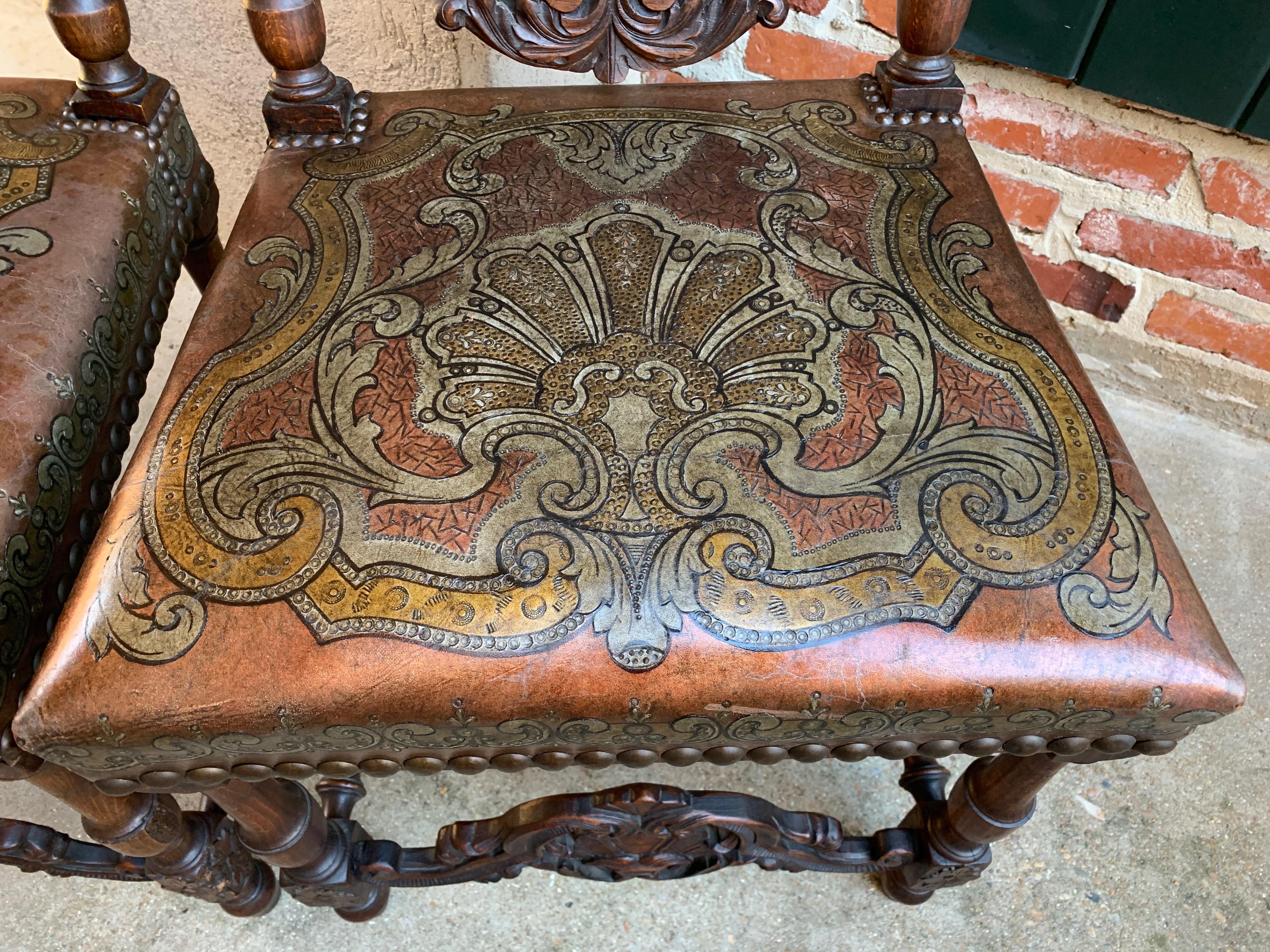 19th Century Set of 6 French Renaissance Carved Oak Dining Chair Embossed Leather Tall