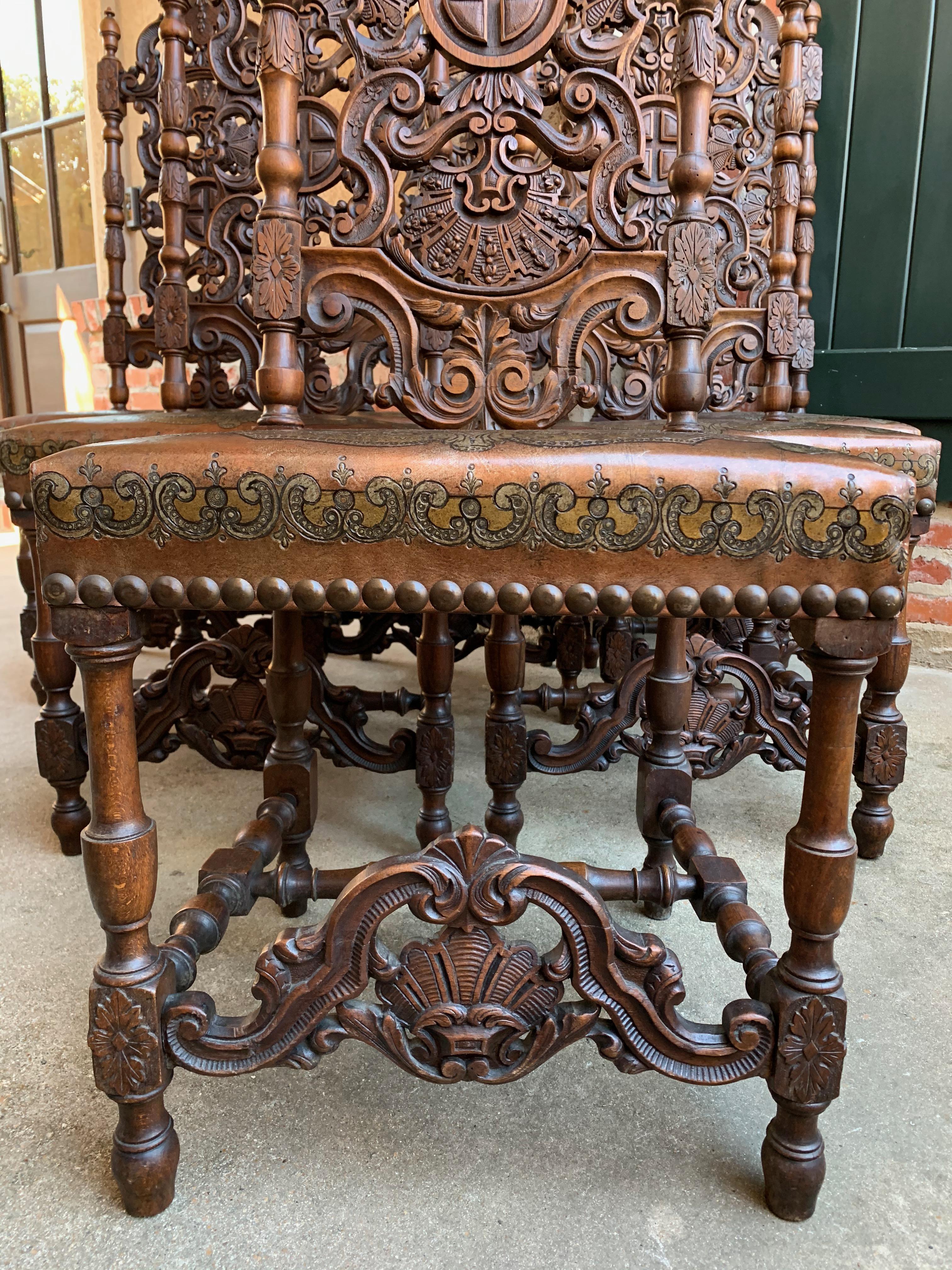 Set of 6 French Renaissance Carved Oak Dining Chair Embossed Leather Tall 1