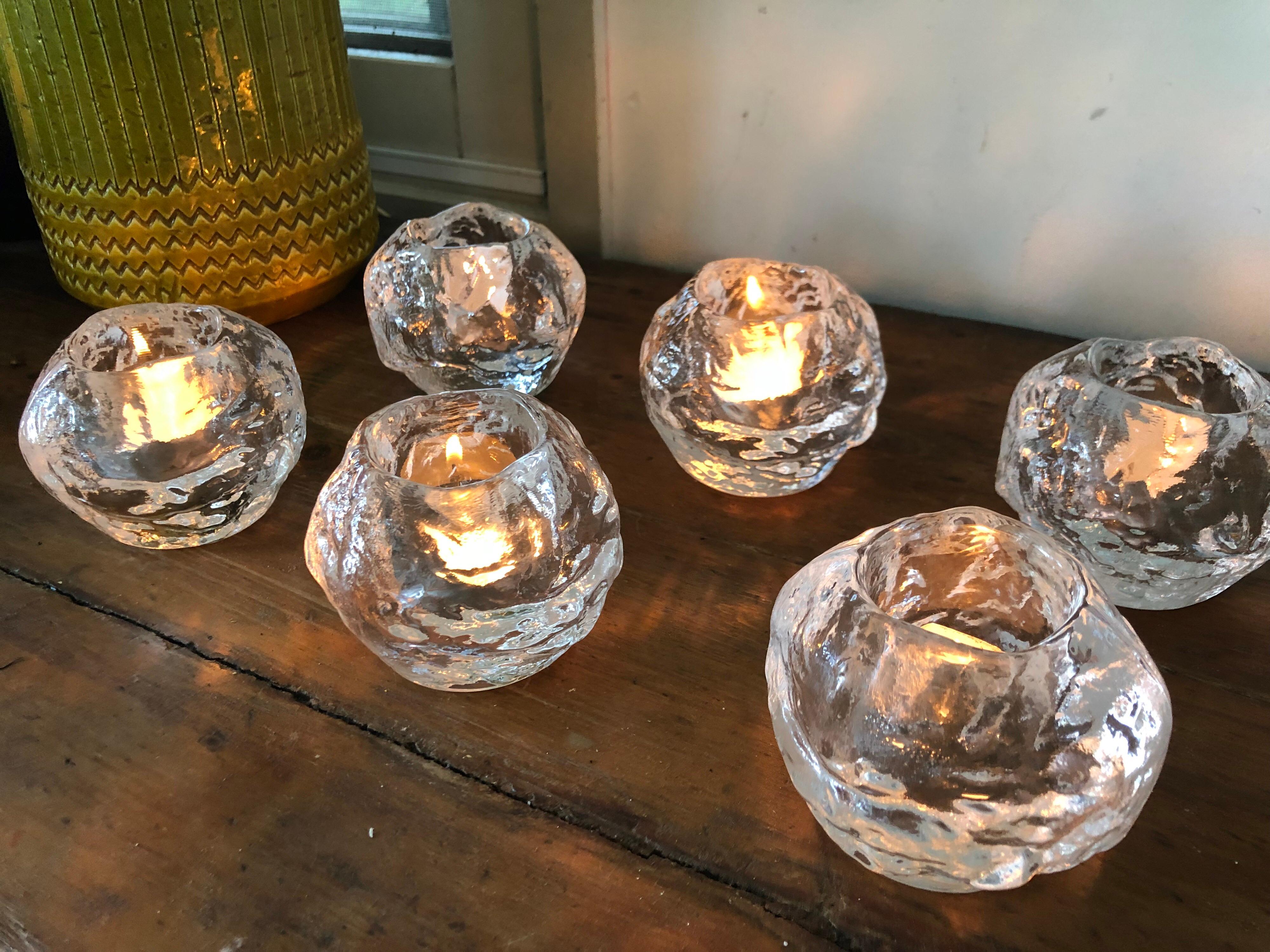 Set 6 Art Glass Snowball Votive Candleholders by Kosta Boda for Orrefors (Kristall) im Angebot