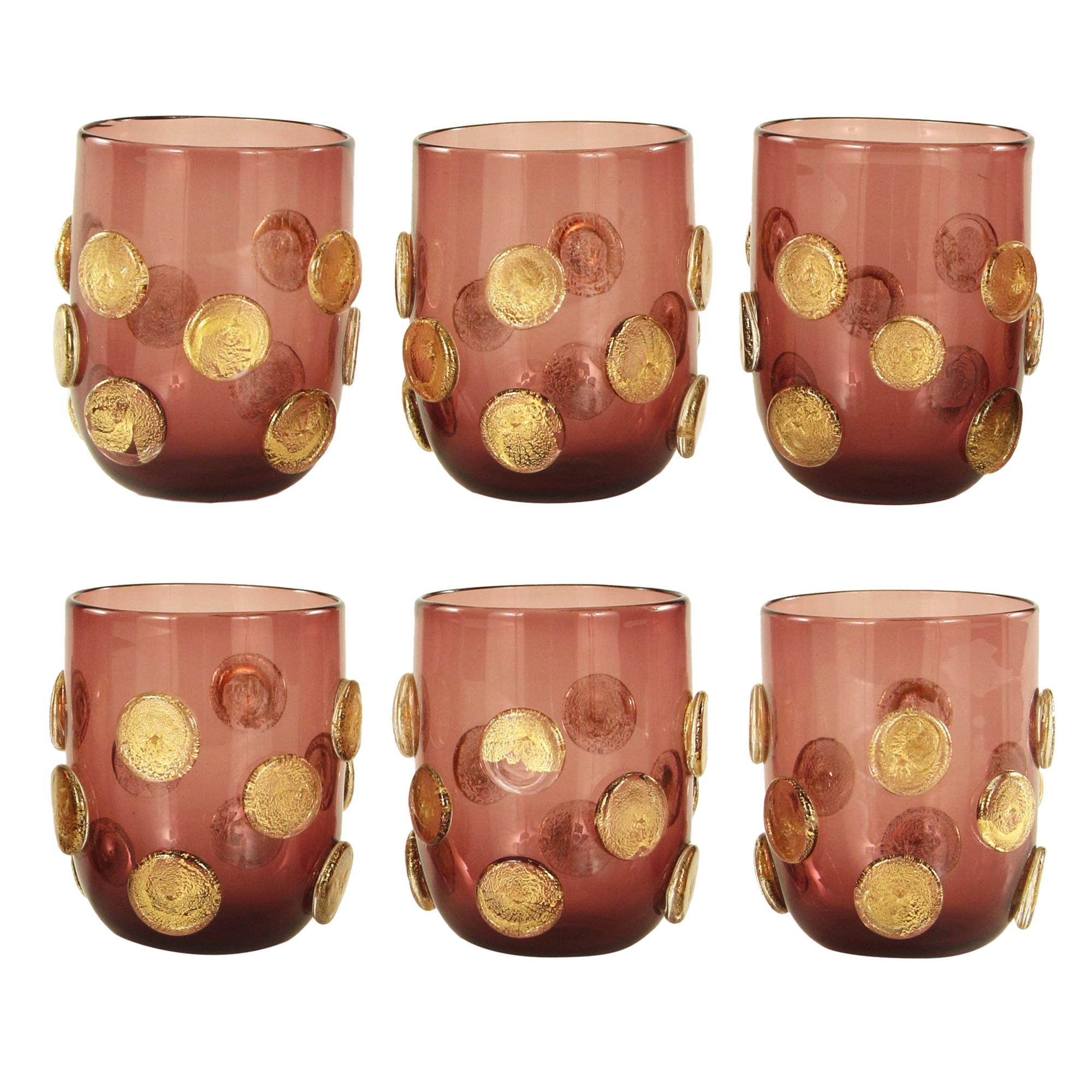 Ensemble de 6 verres artistiques faits main en verre de Murano, améthyste et détails dorés par Multiforme en vente