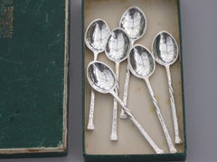 Set 6 Arts & Crafts Hammered Silver Coffee Spoons, by Omar Ramsden 1937-1939