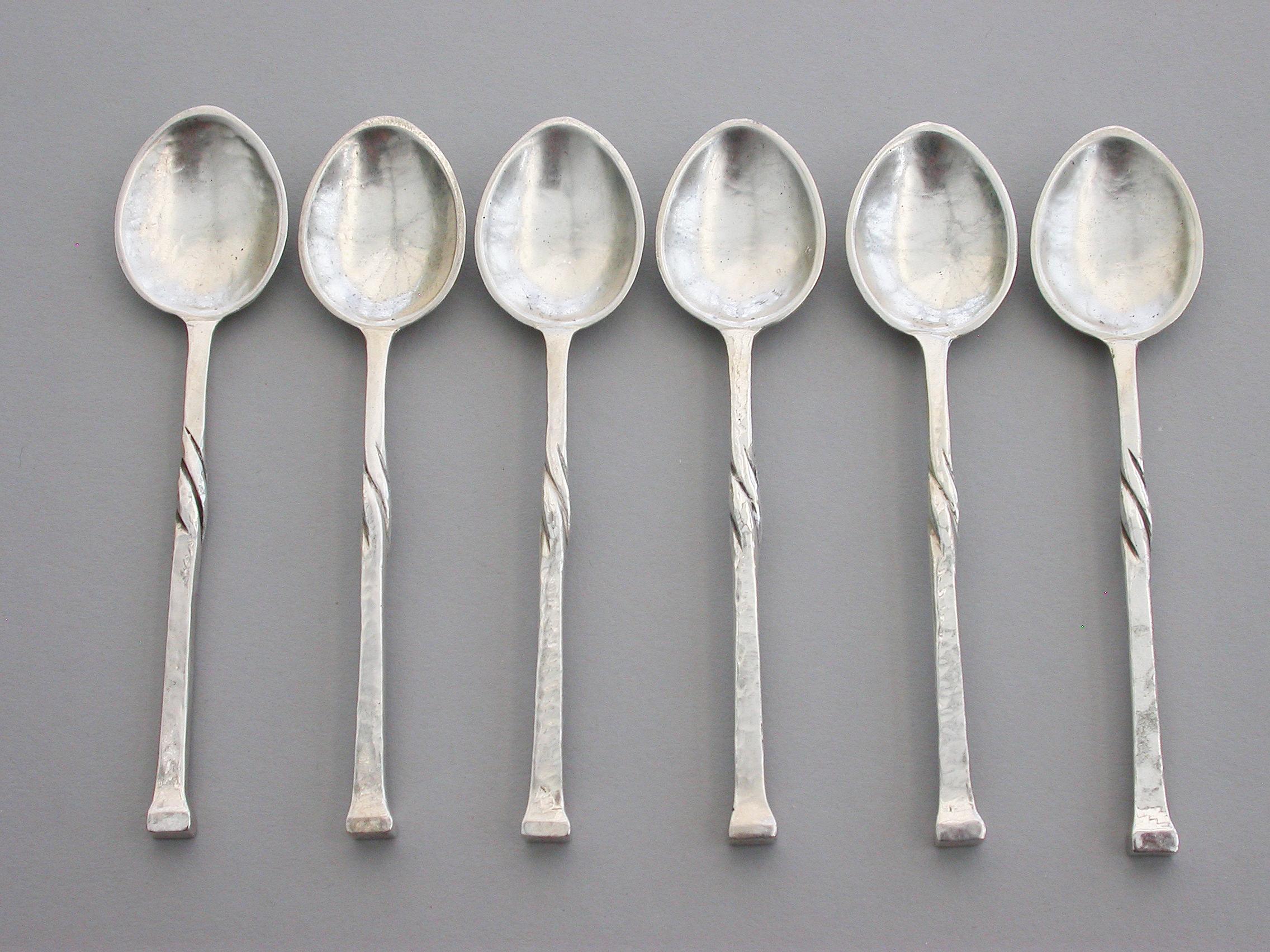 Arts and Crafts Set 6 Arts & Crafts Hammered Silver Coffee Spoons, by Omar Ramsden 1937-1939 For Sale