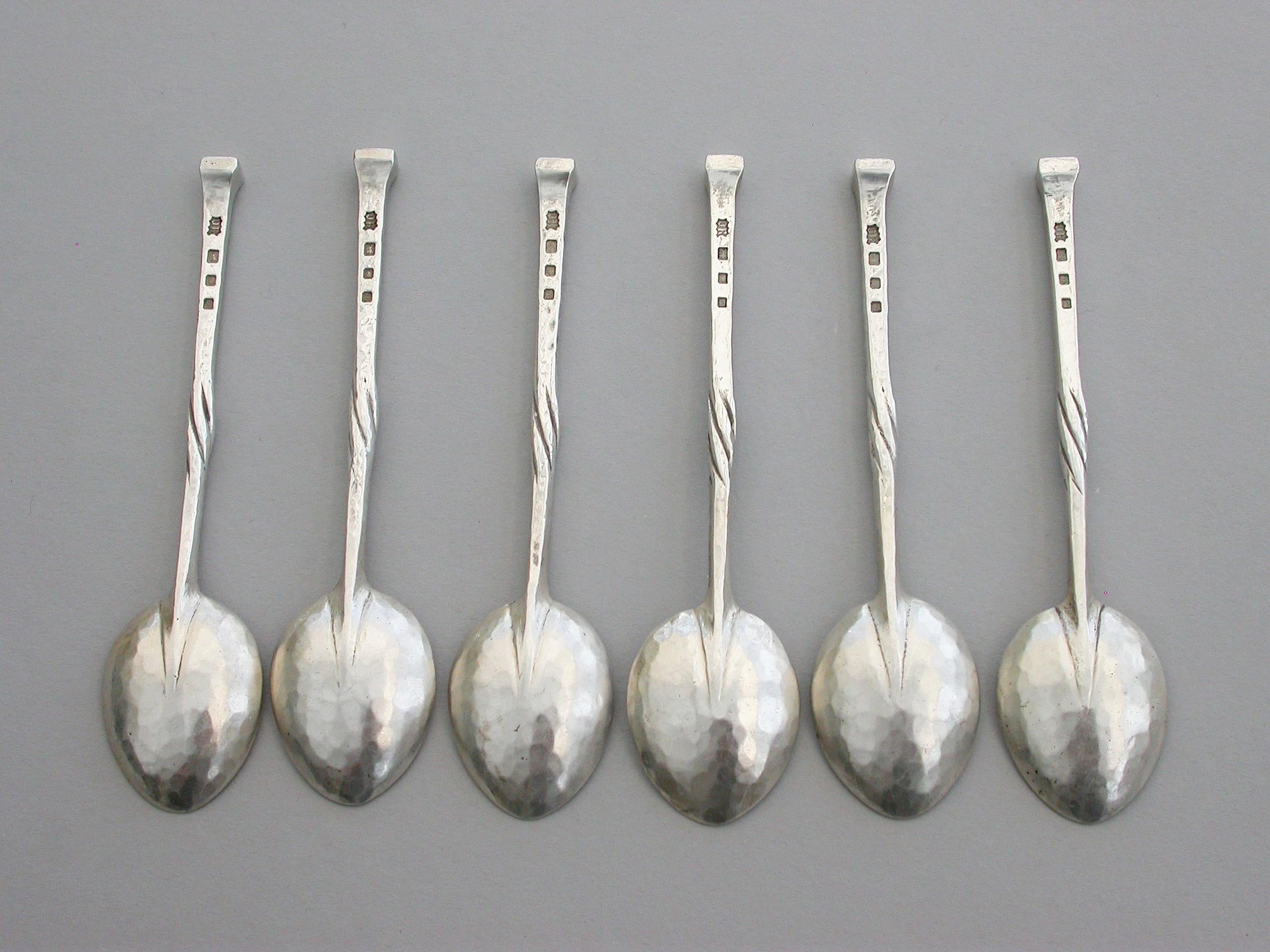 Mid-20th Century Set 6 Arts & Crafts Hammered Silver Coffee Spoons, by Omar Ramsden 1937-1939 For Sale