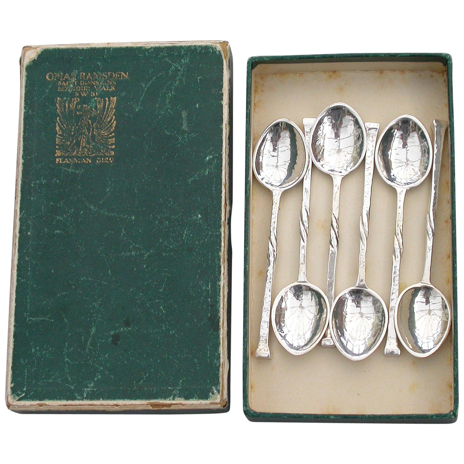 Set 6 Arts & Crafts Hammered Silver Coffee Spoons, by Omar Ramsden 1937-1939 For Sale