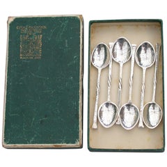 Set 6 Arts & Crafts Hammered Silver Coffee Spoons, by Omar Ramsden 1937-1939