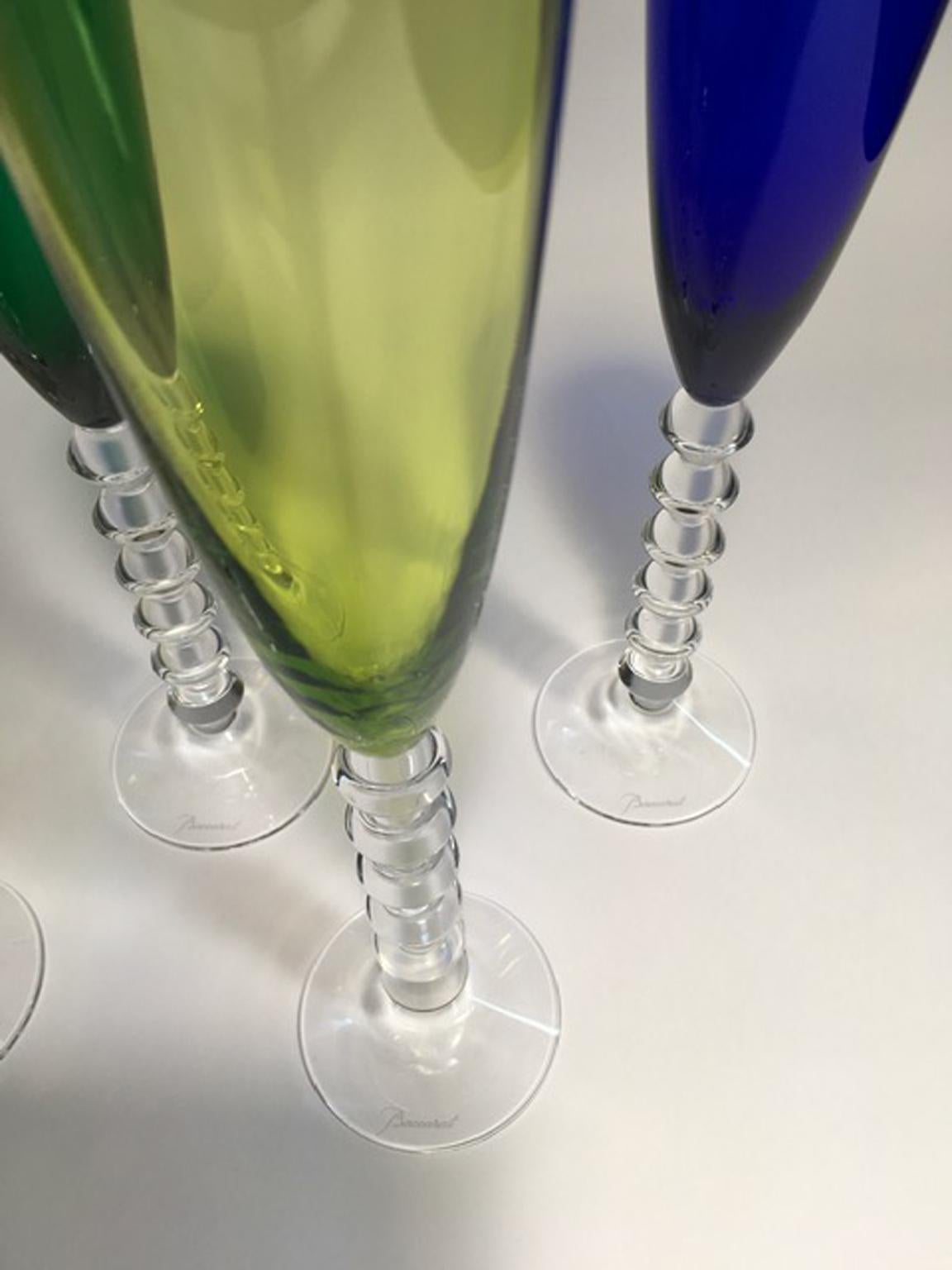 Set 6 Baccarat Crystal Glasses Champagne Flutes in Modern Style Green Red Blue 6