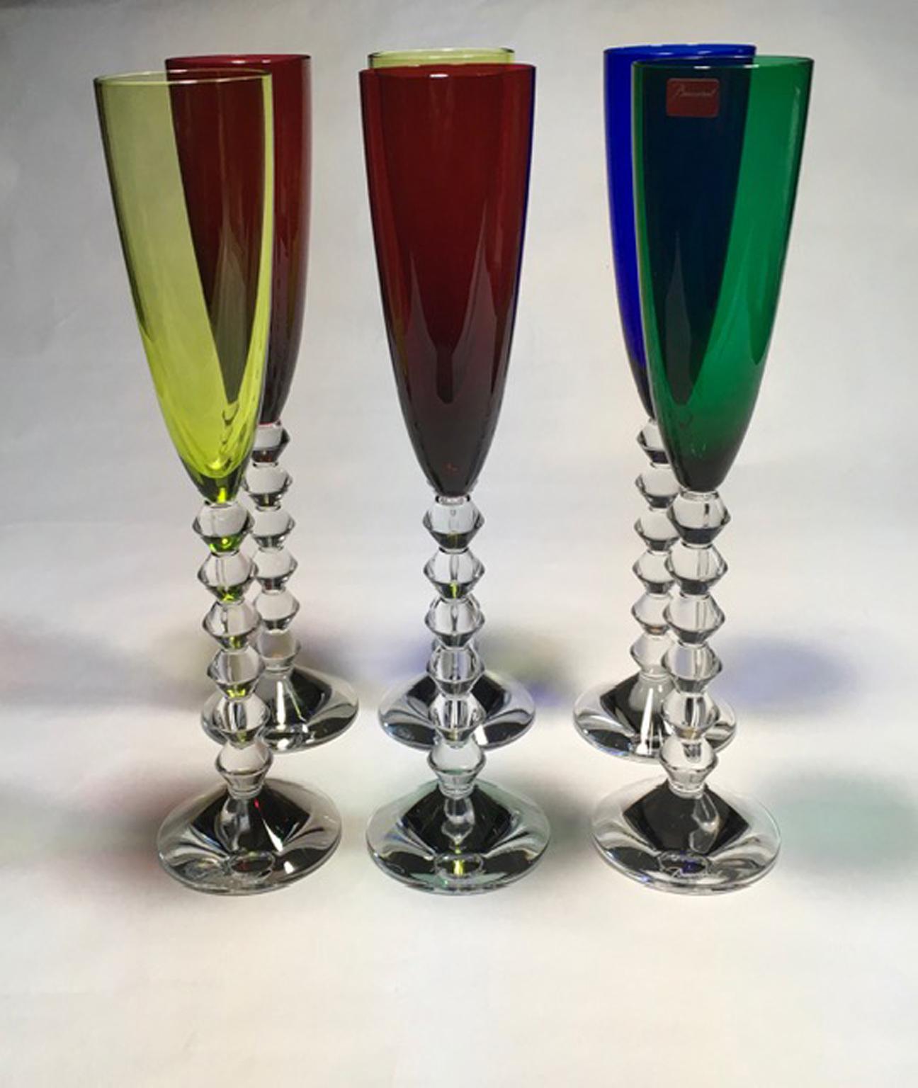 French Set 6 Baccarat Crystal Glasses Champagne Flutes in Modern Style Green Red Blue