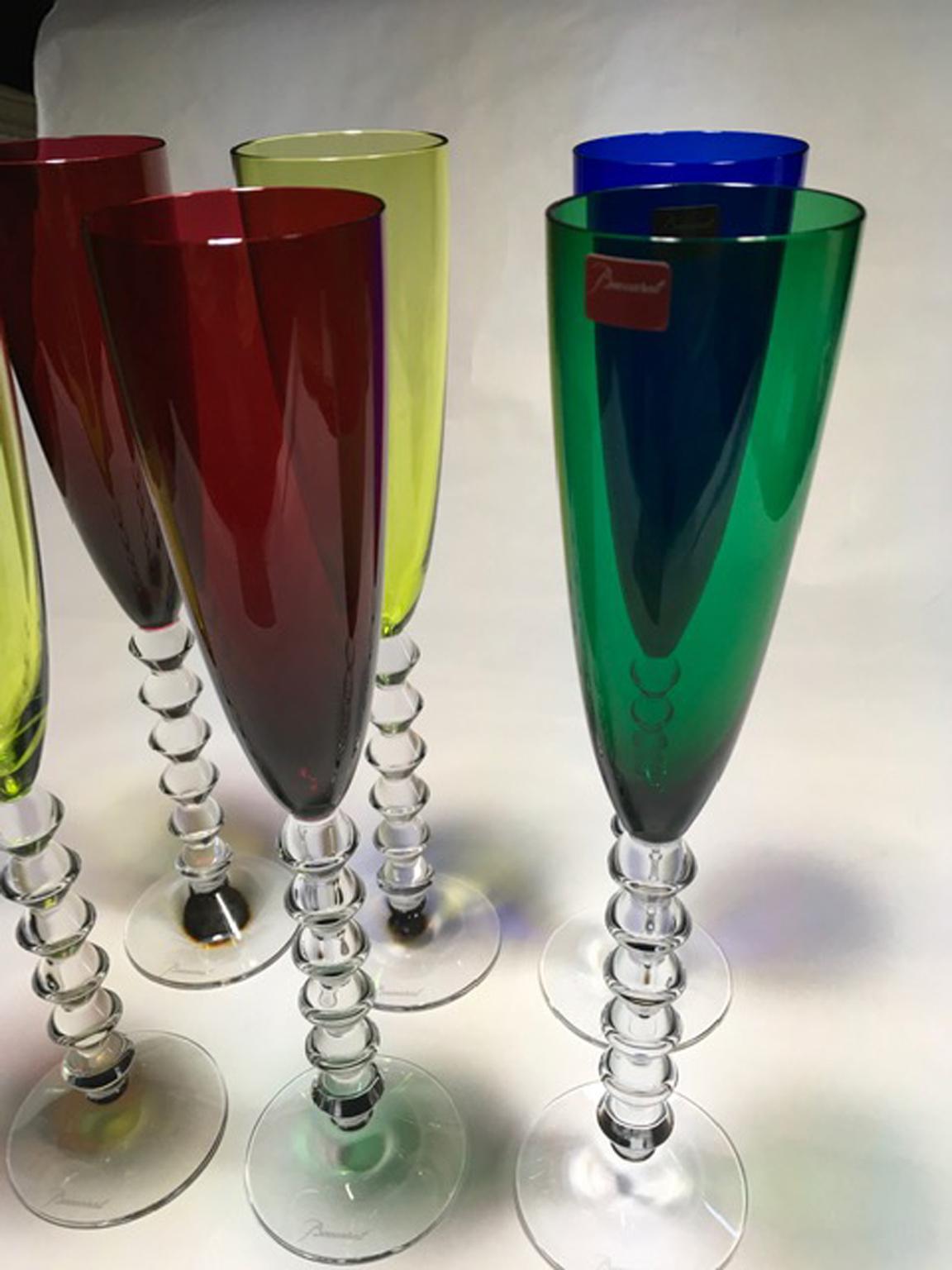 Set 6 Baccarat Crystal Glasses Champagne Flutes in Modern Style Green Red Blue In New Condition In Brescia, IT