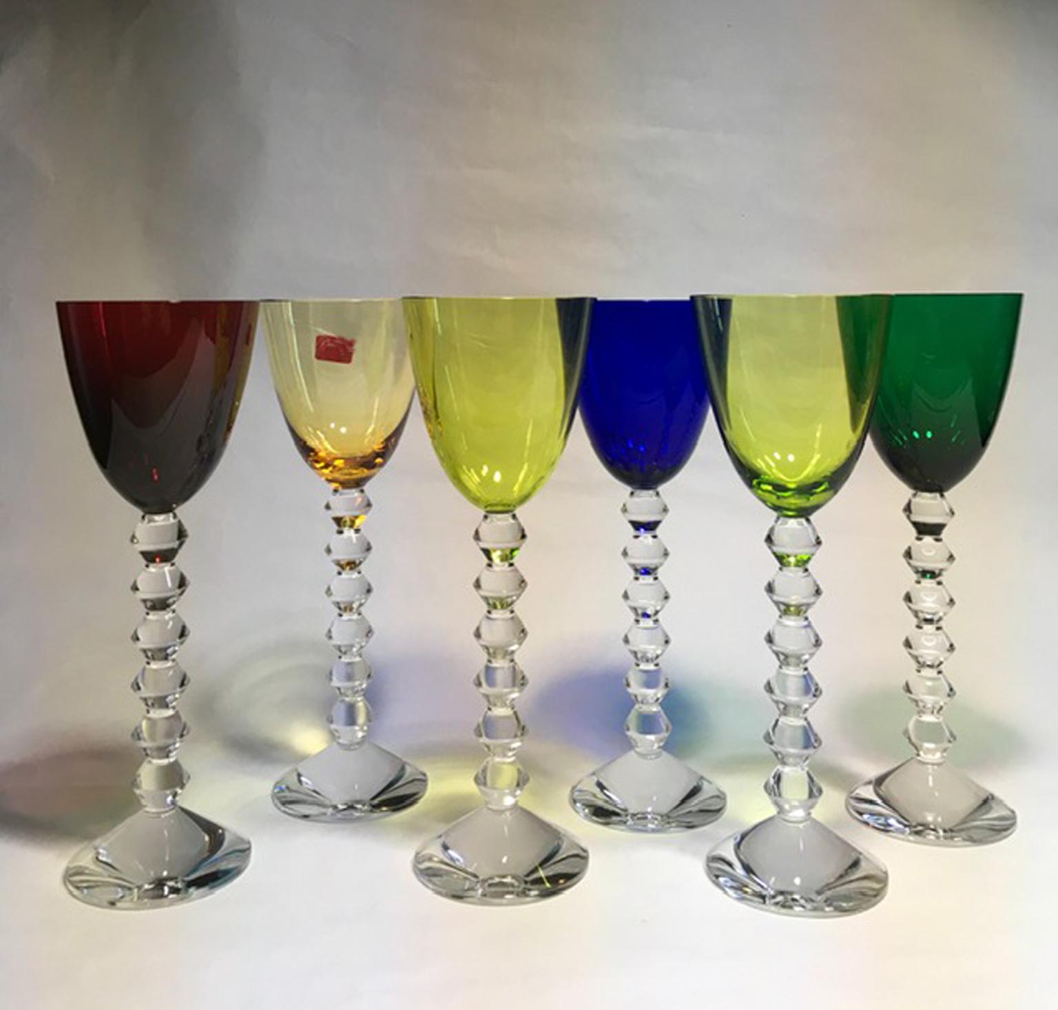 French Set of 6 Baccarat Crystal Glasses in Modern Style Green Red Blue