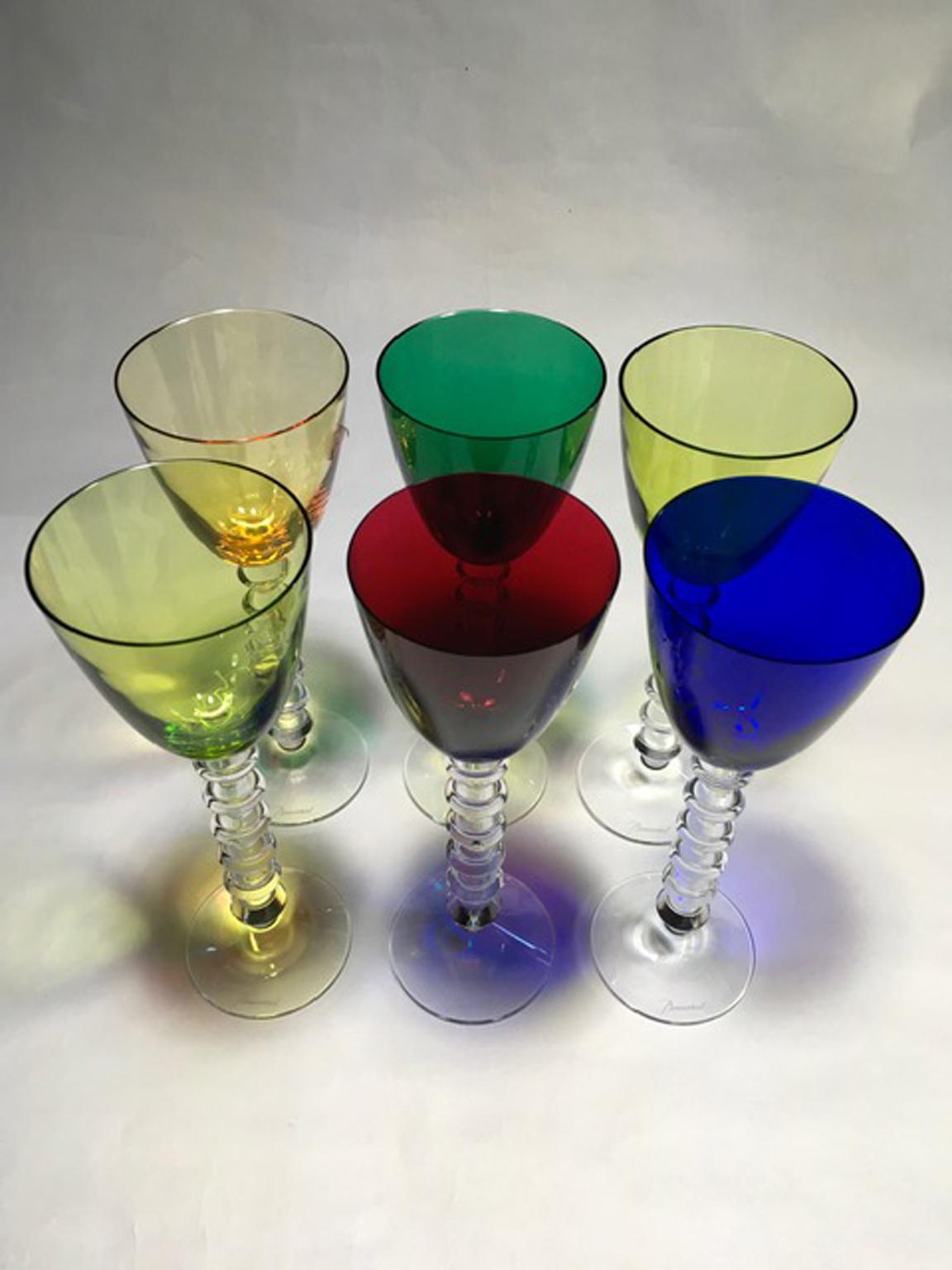 Contemporary Set of 6 Baccarat Crystal Glasses in Modern Style Green Red Blue