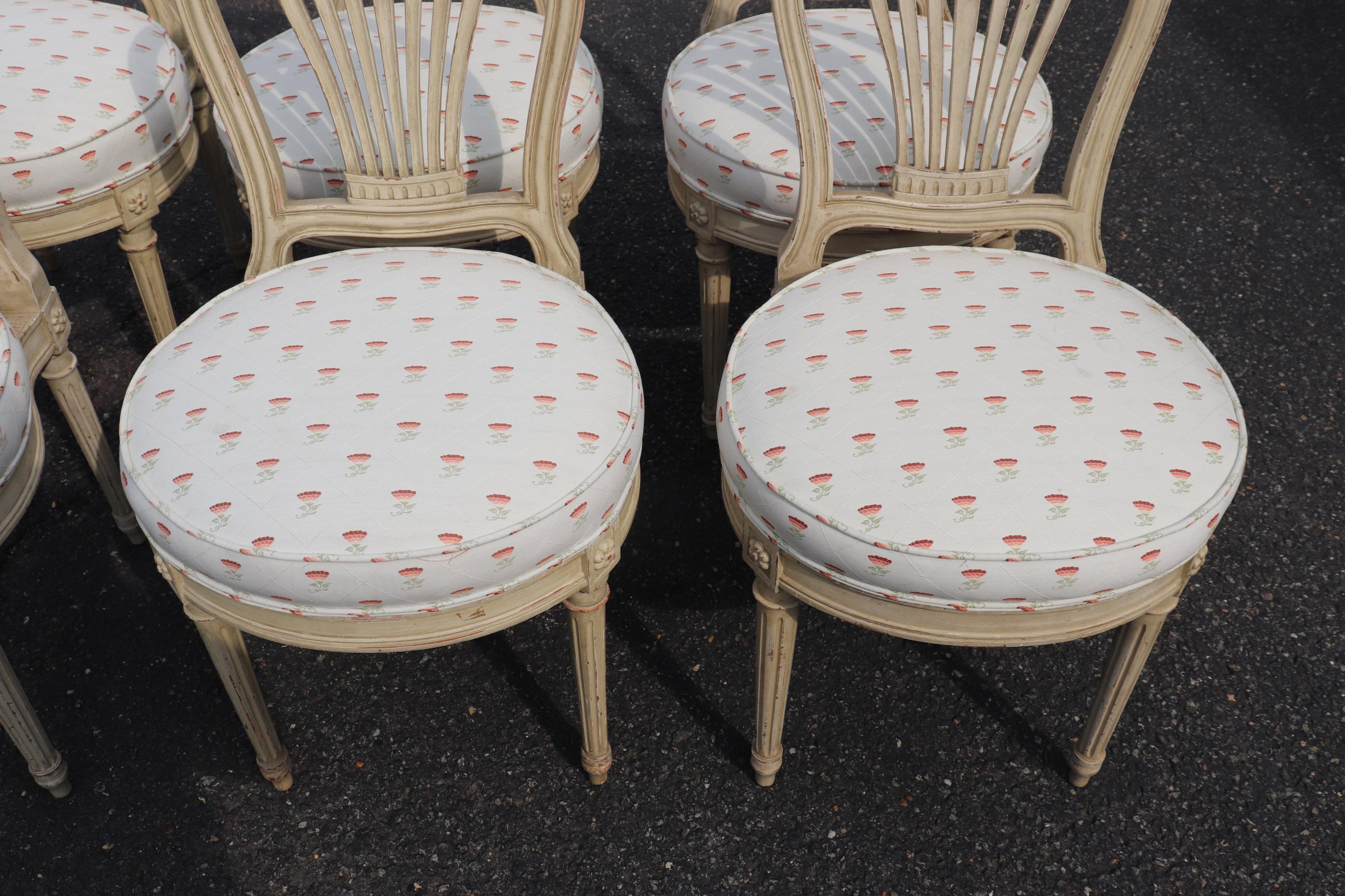 Set 6 Balloon Back Signed Maison Jansen Louis XVI Dining Chairs in Antique White 6