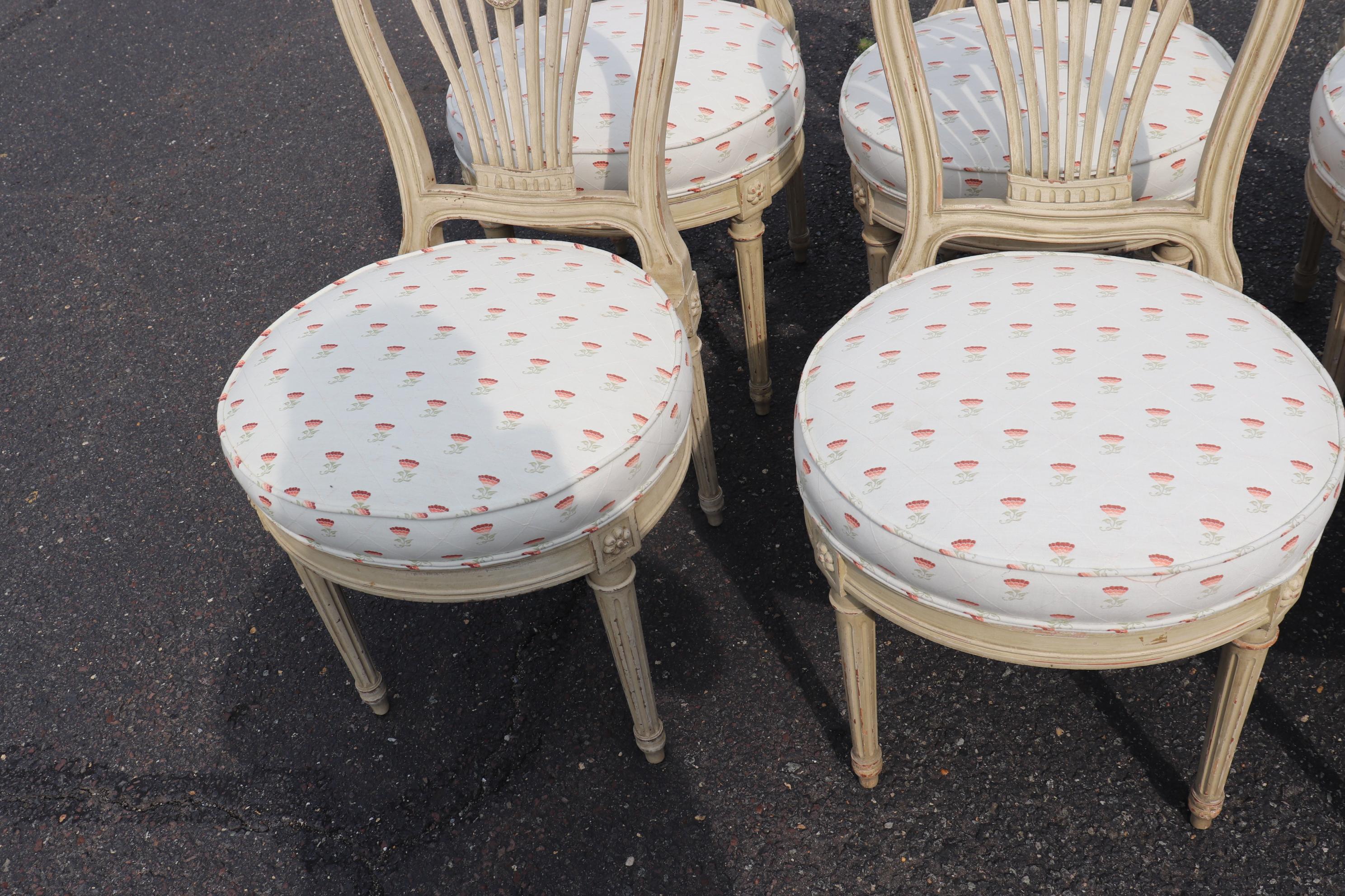 Set 6 Balloon Back Signed Maison Jansen Louis XVI Dining Chairs in Antique White 7