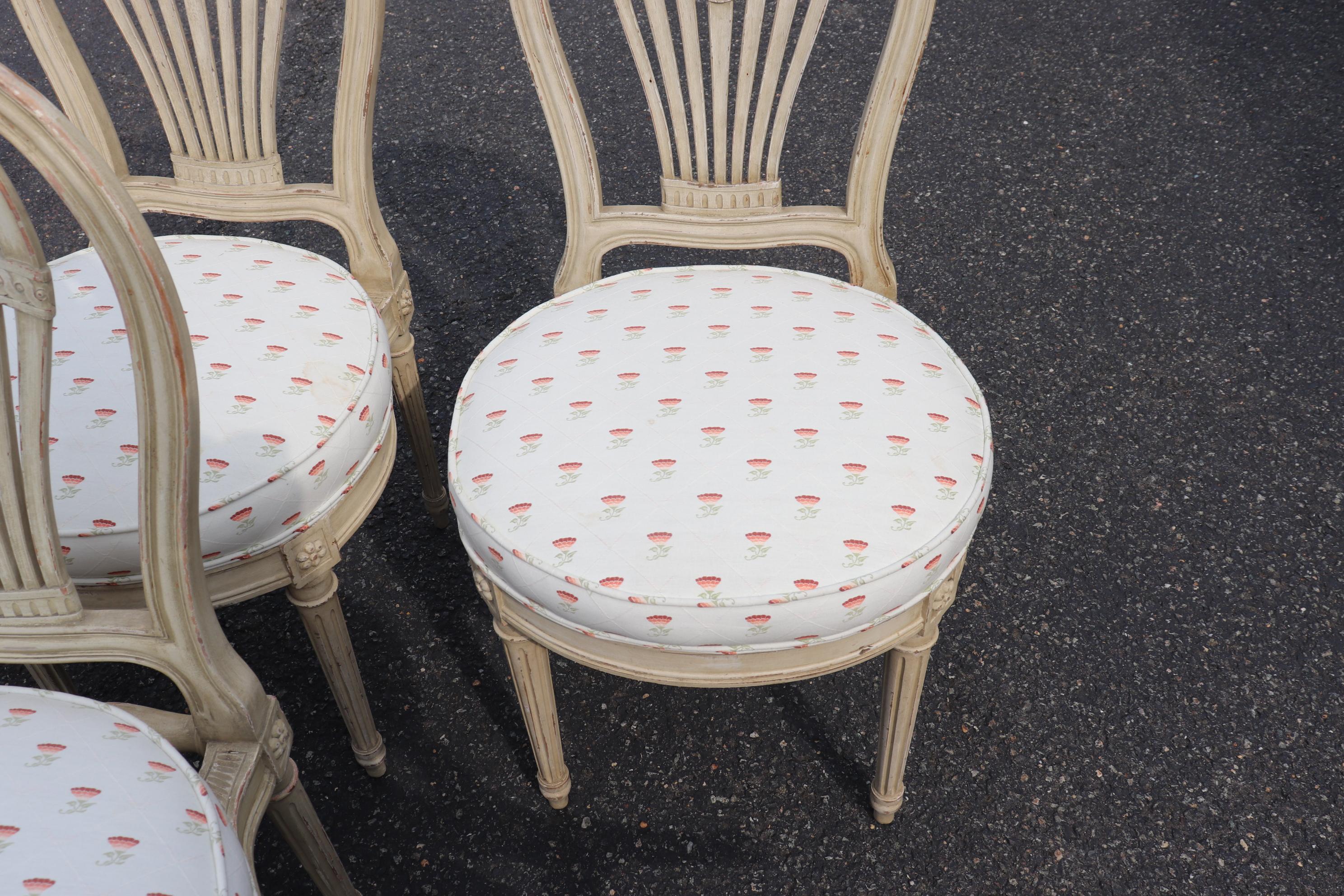 French Set 6 Balloon Back Signed Maison Jansen Louis XVI Dining Chairs in Antique White