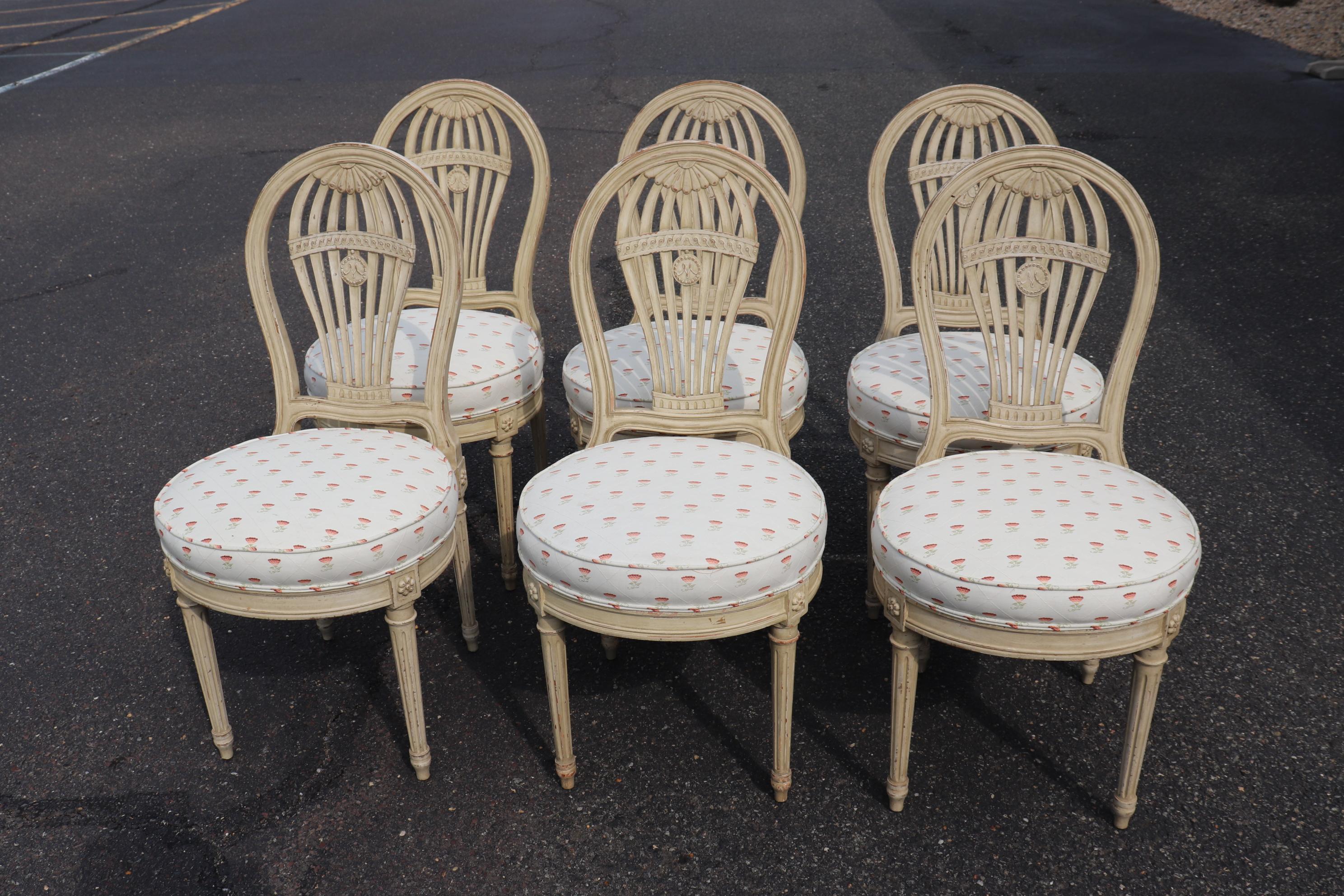 Set 6 Balloon Back Signed Maison Jansen Louis XVI Dining Chairs in Antique White In Good Condition In Swedesboro, NJ
