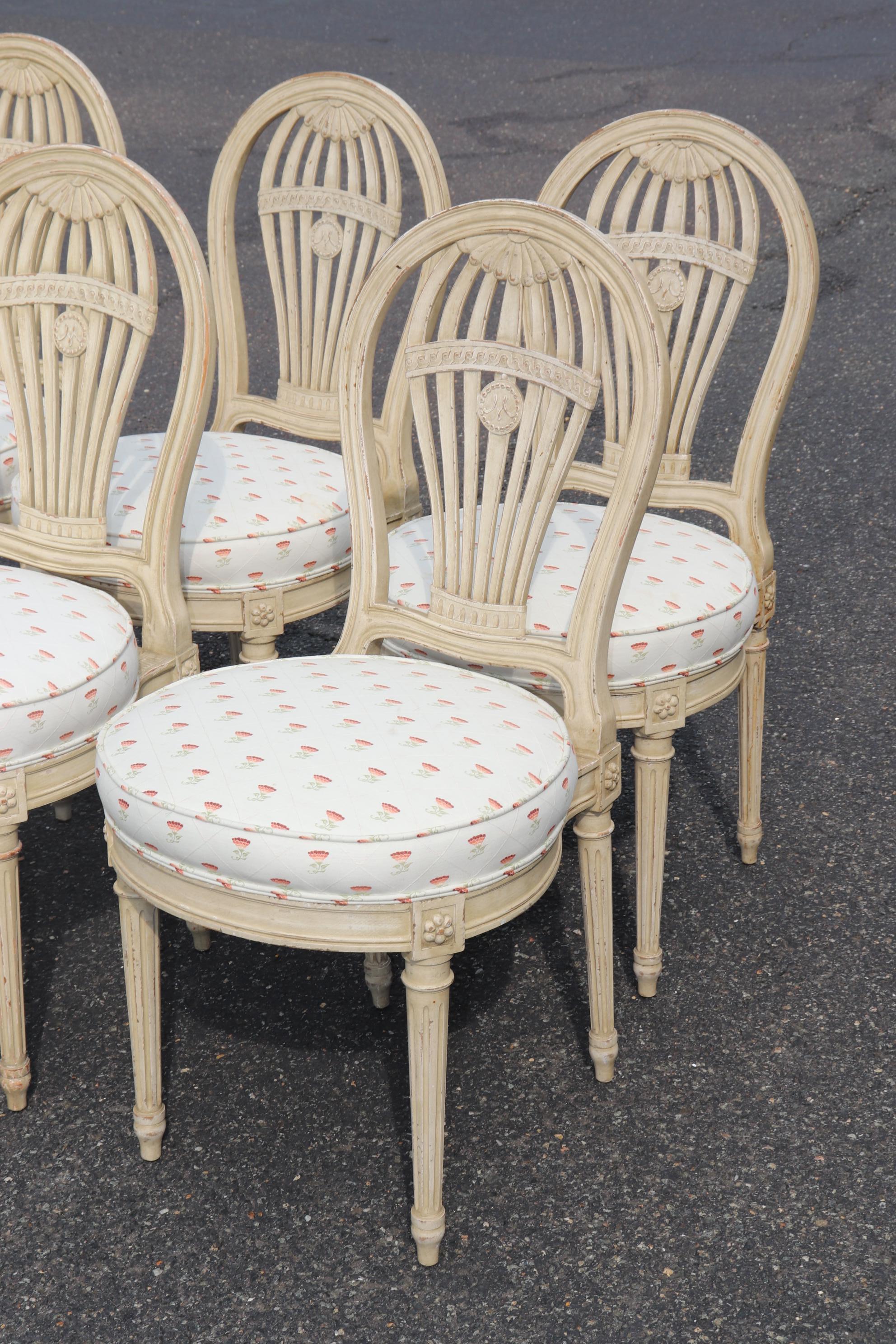 Set 6 Balloon Back Signed Maison Jansen Louis XVI Dining Chairs in Antique White 1