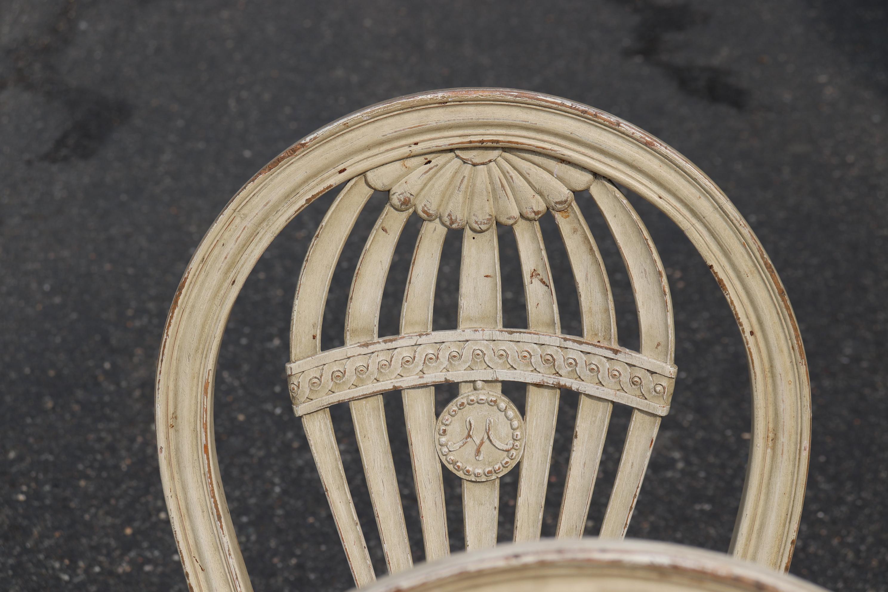 Set 6 Balloon Back Signed Maison Jansen Louis XVI Dining Chairs in Antique White In Good Condition In Swedesboro, NJ