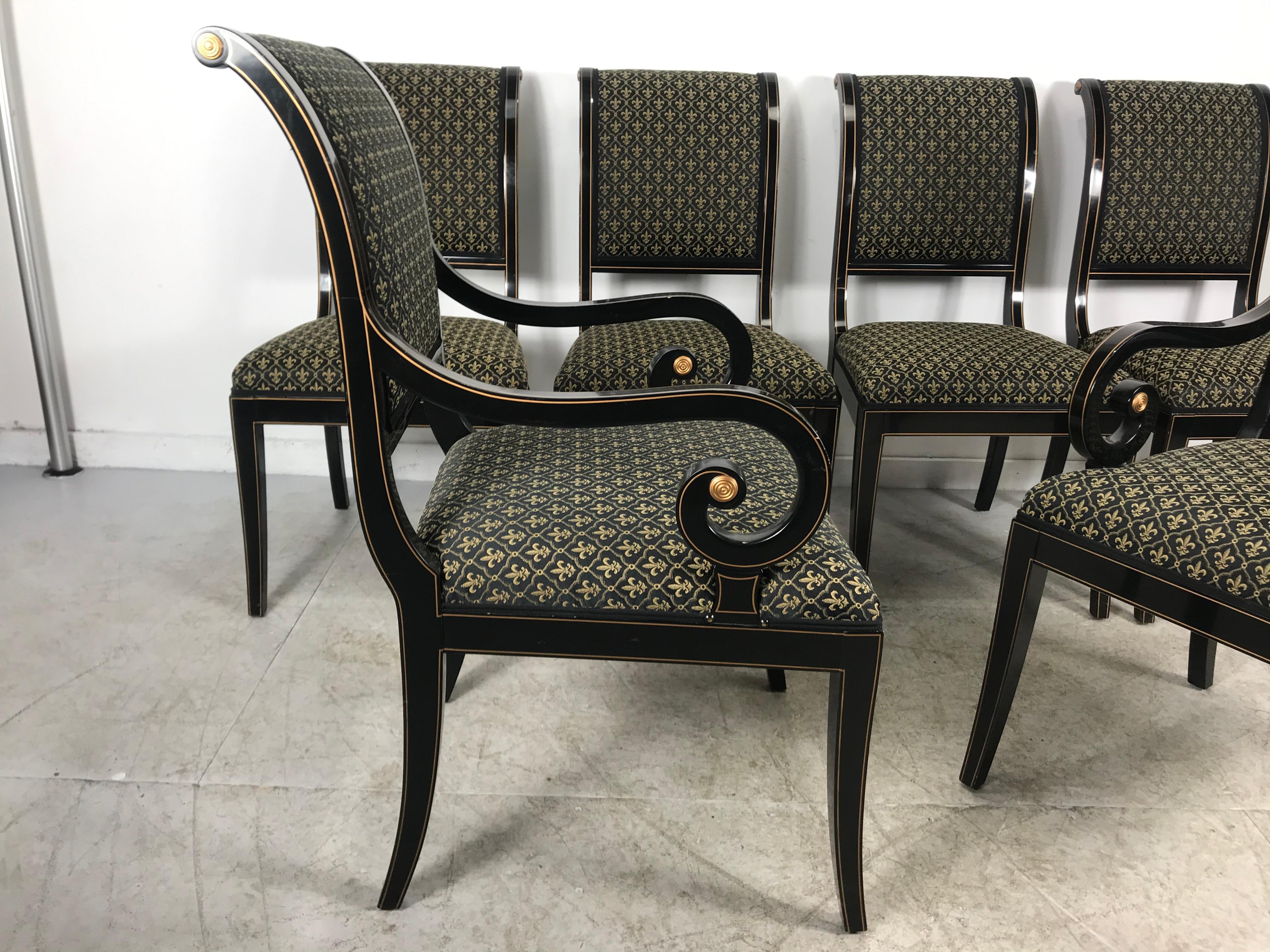 Stunning set of 6 black lacquer, gold accents, Regency modern dining chairs, recently reupholstered, set consists of two armchairs and four side chairs,, extremely comfortable and very well made, retain original finish and patina,, wear consistent