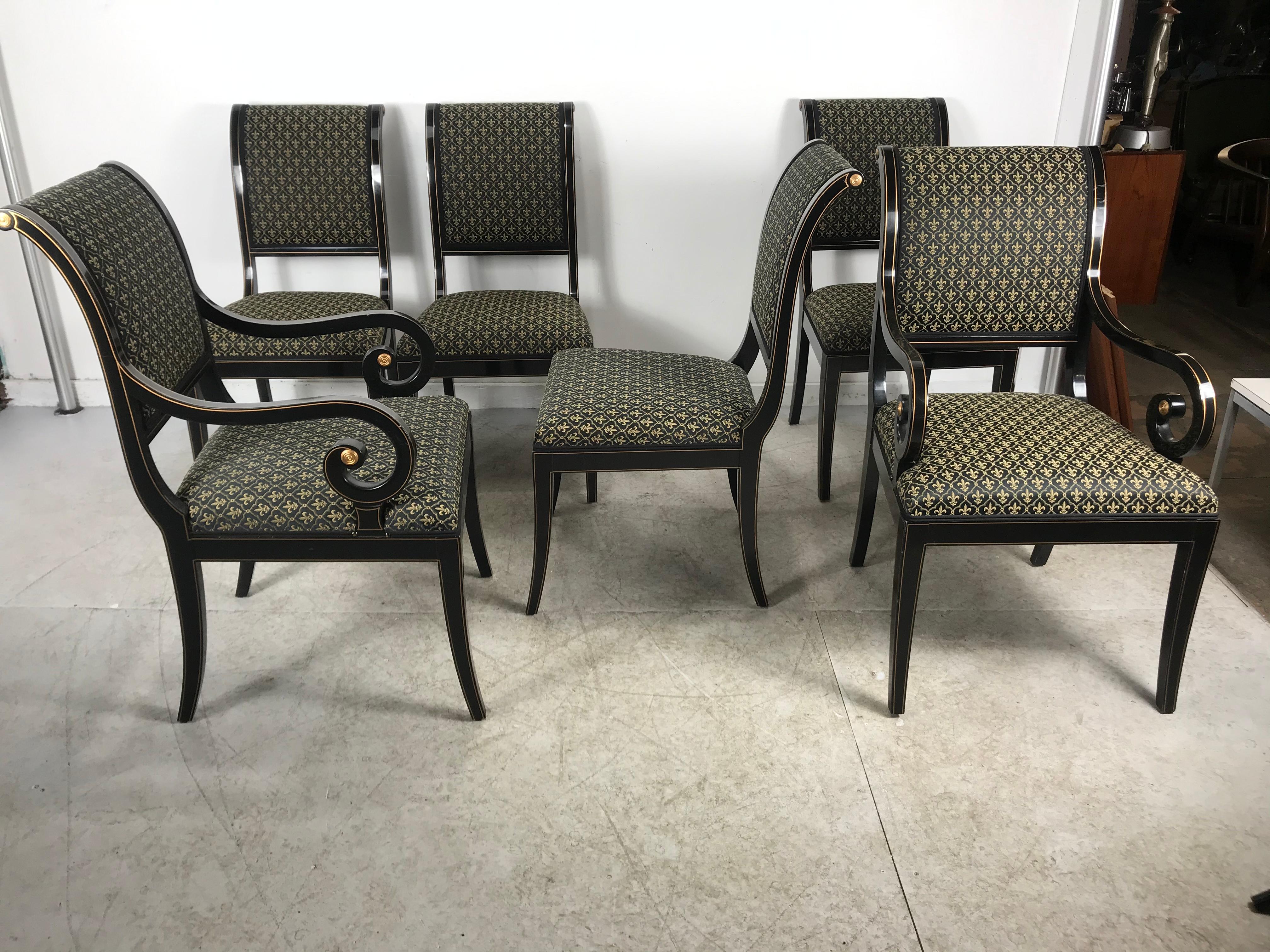 Hollywood Regency Set 6 Black Lacquer and Gold Regency Modern Dining Chairs