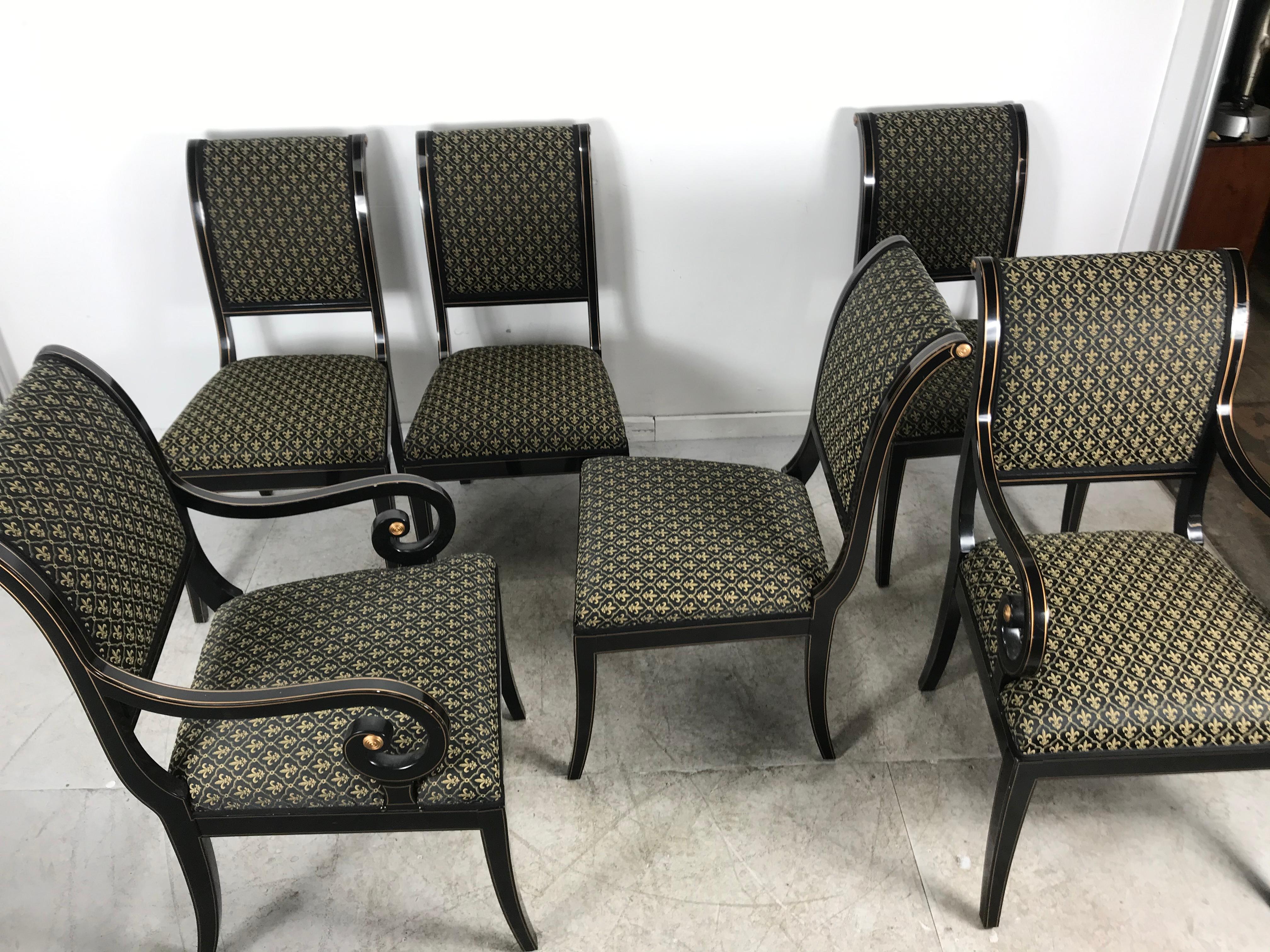 American Set 6 Black Lacquer and Gold Regency Modern Dining Chairs