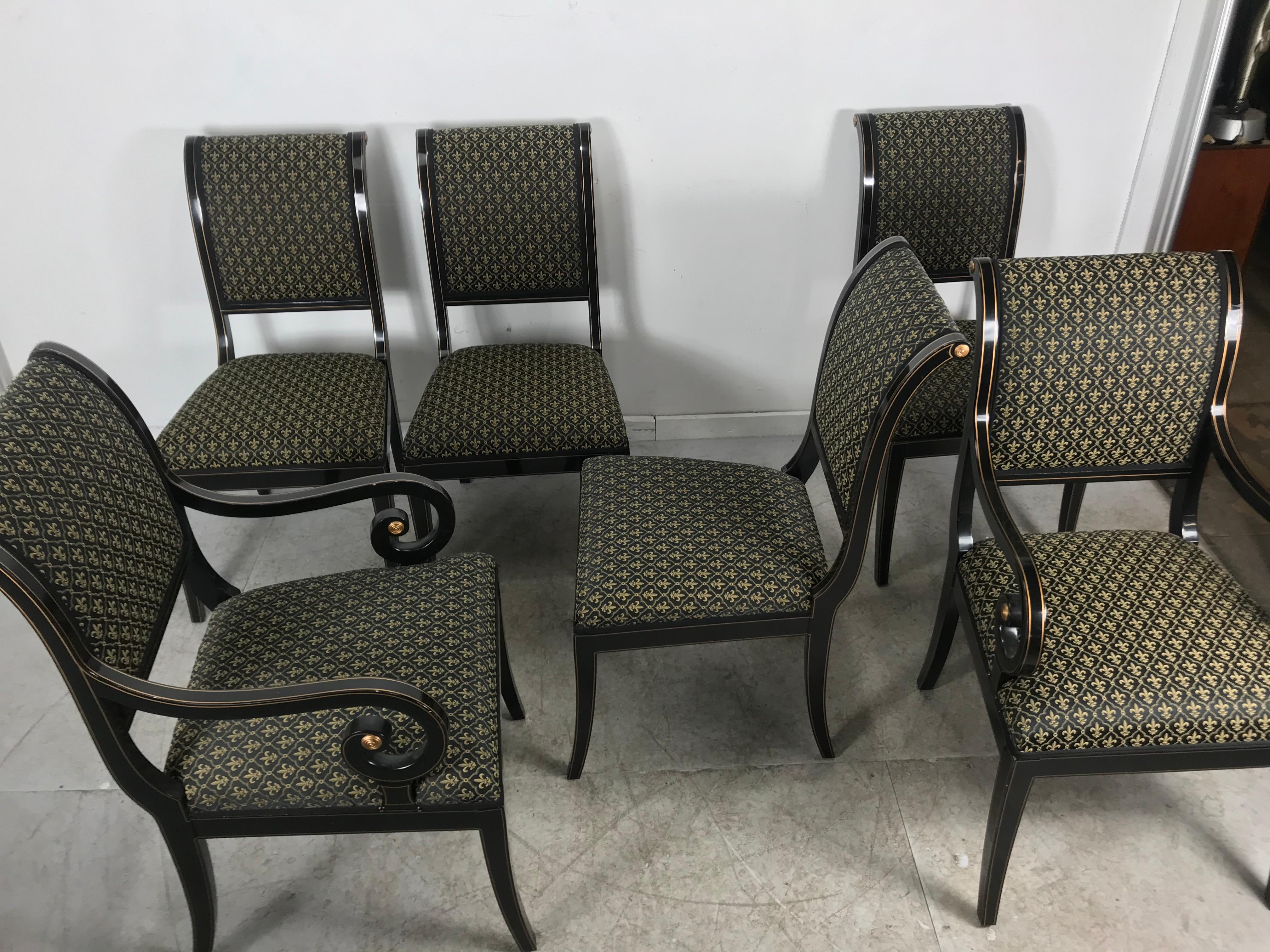 Lacquered Set 6 Black Lacquer and Gold Regency Modern Dining Chairs