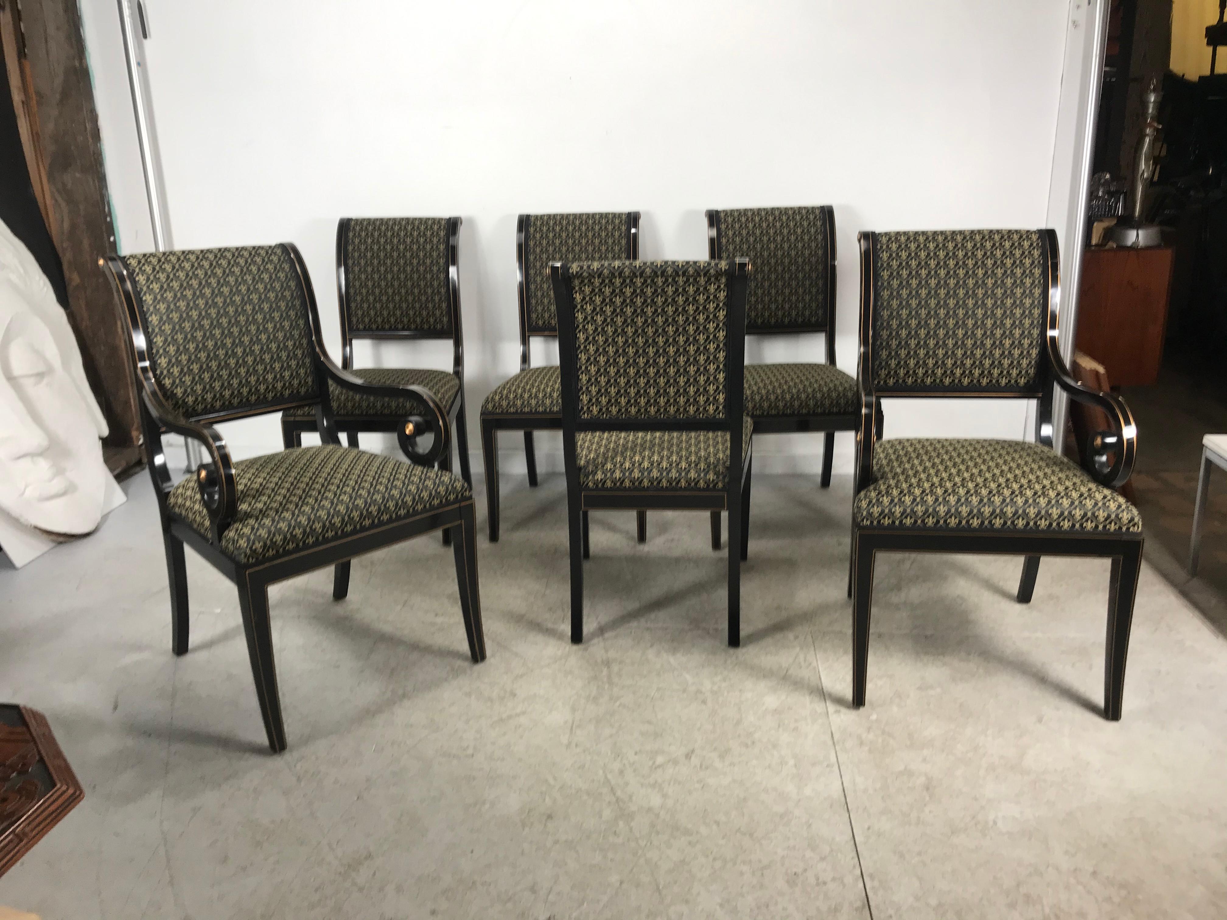 Set 6 Black Lacquer and Gold Regency Modern Dining Chairs In Good Condition In Buffalo, NY