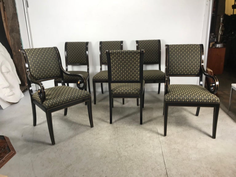 Set 6 Black Lacquer and Gold Regency Modern Dining Chairs at 1stDibs