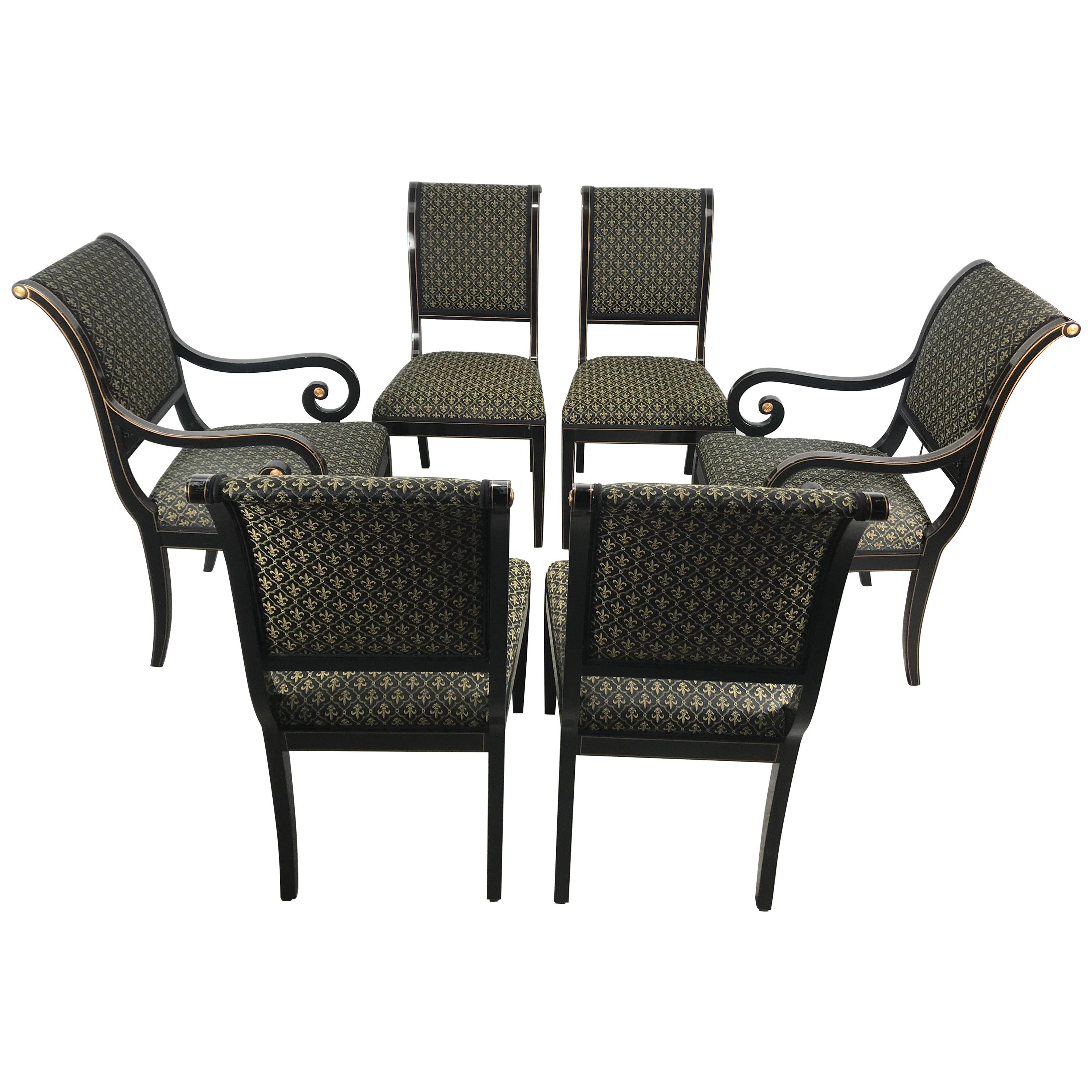 Set 6 Black Lacquer and Gold Regency Modern Dining Chairs