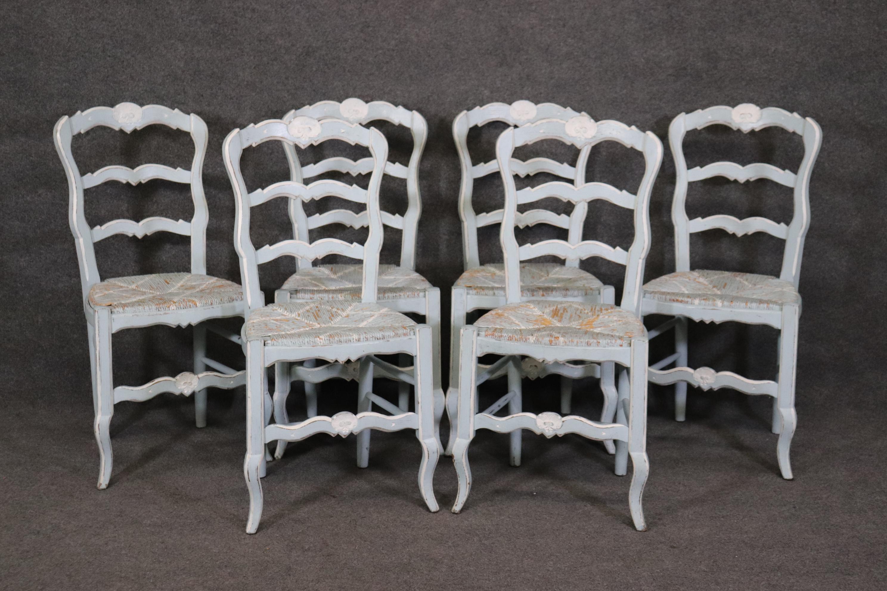 French Provincial Set 6 Blue and White Paint Decorated Rush Seated French Country Dining Chairs