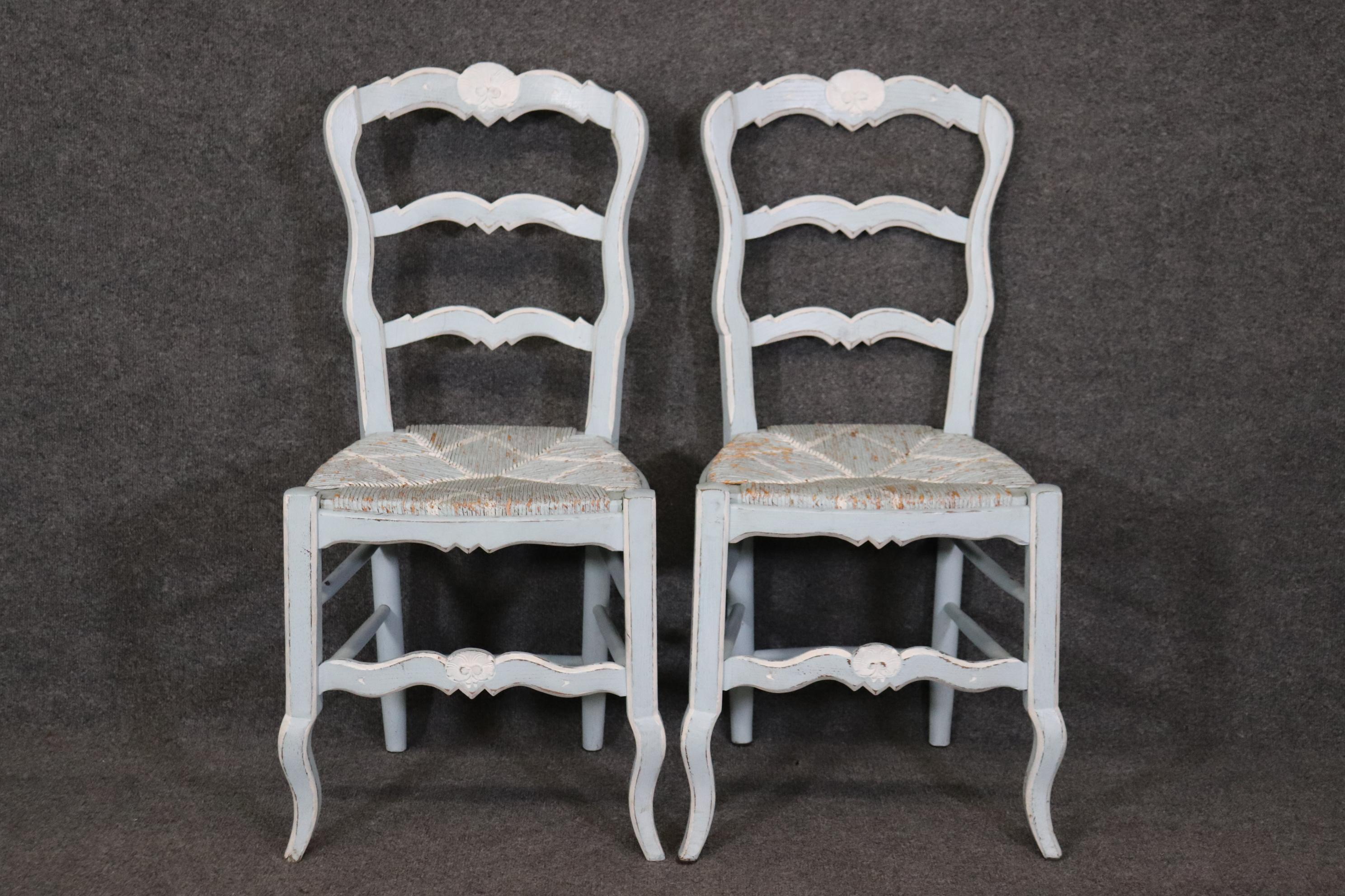 Mid-20th Century Set 6 Blue and White Paint Decorated Rush Seated French Country Dining Chairs
