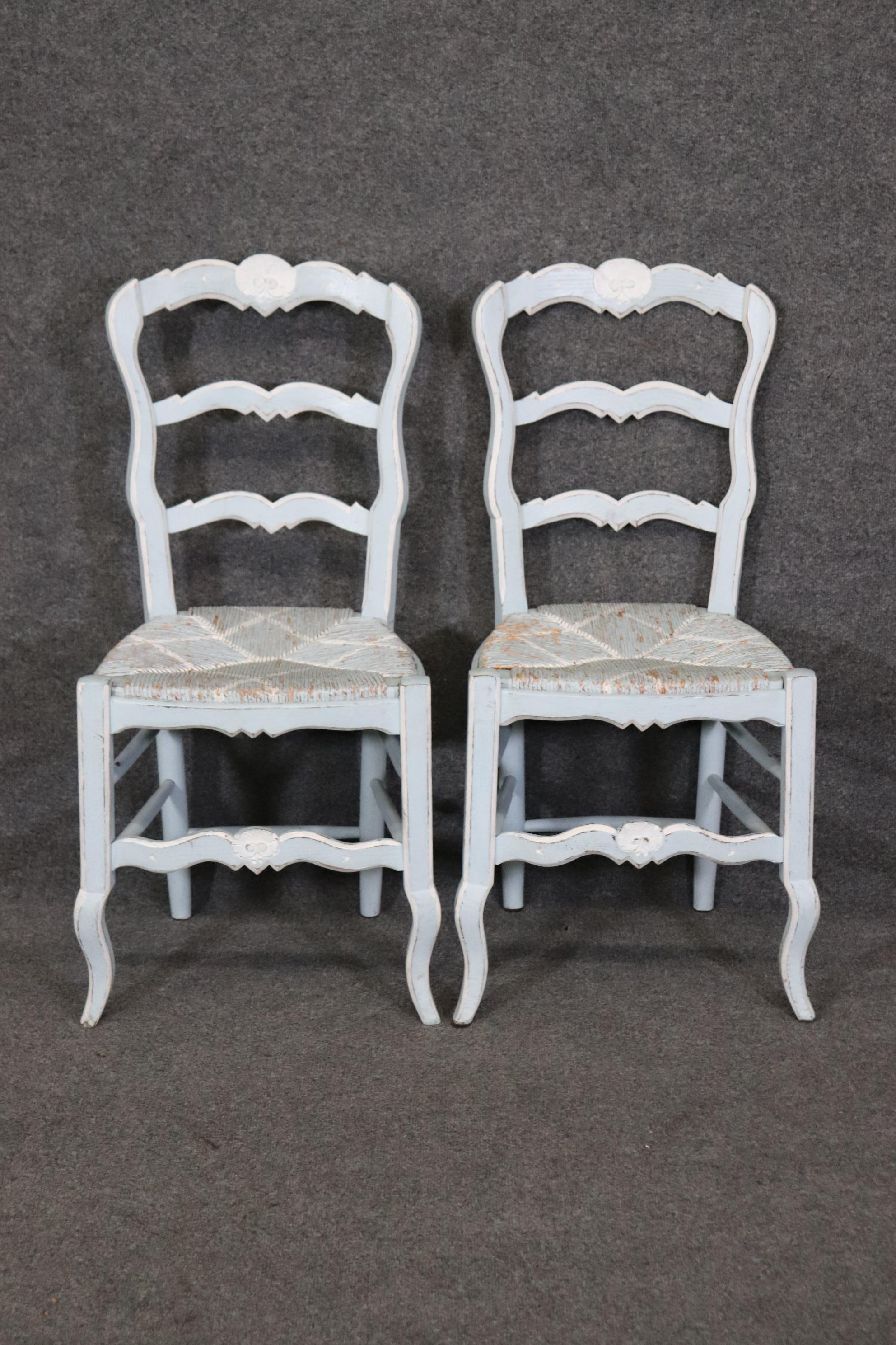 Set 6 Blue and White Paint Decorated Rush Seated French Country Dining Chairs 1
