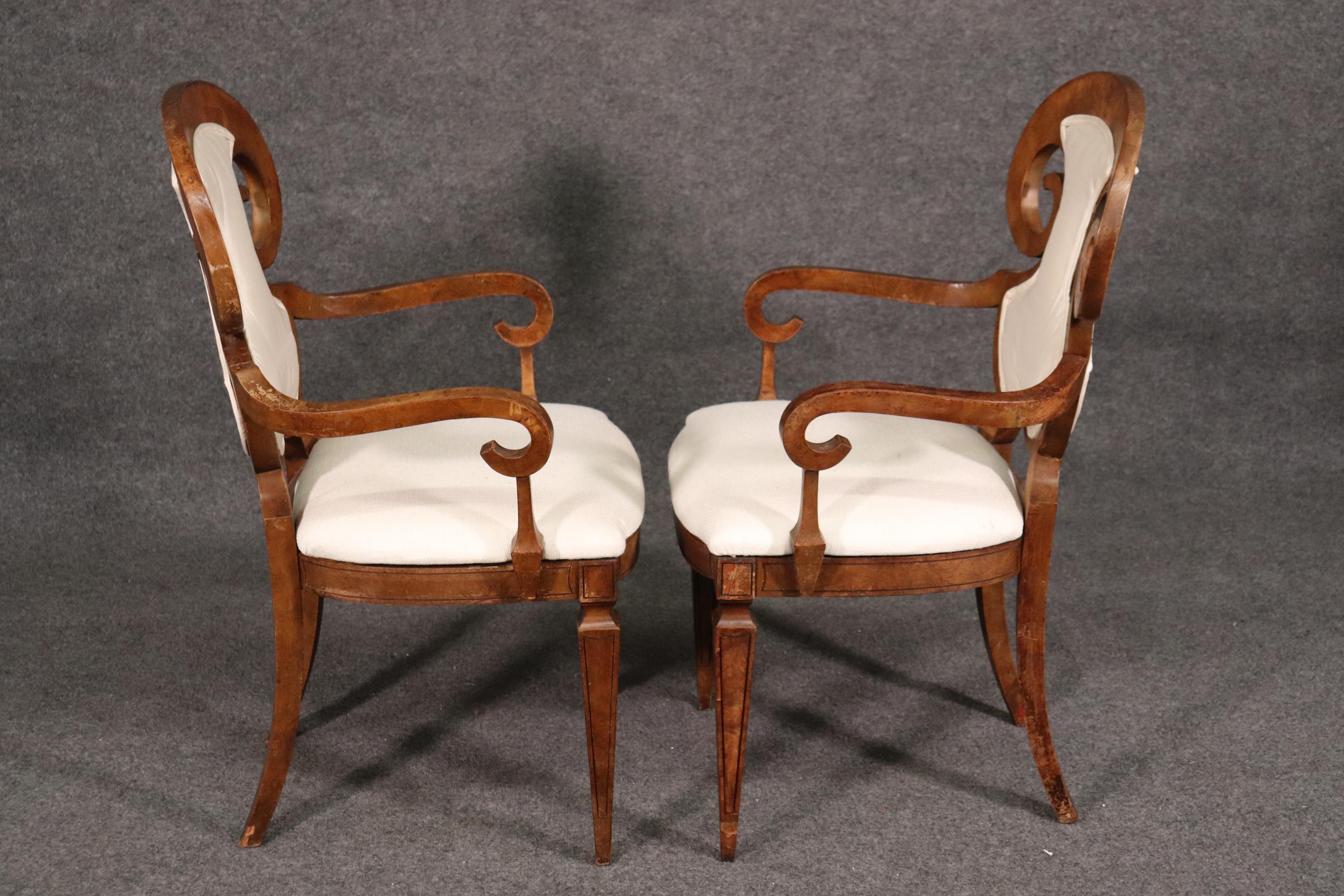 This is a gorgeous set of 6 William Doezema for Mastercraft Biedermeier style chairs. The chairs are in good used condition and will show signs of use and perhaps minor stains that don't show in the photos because they are so minor. The chairs