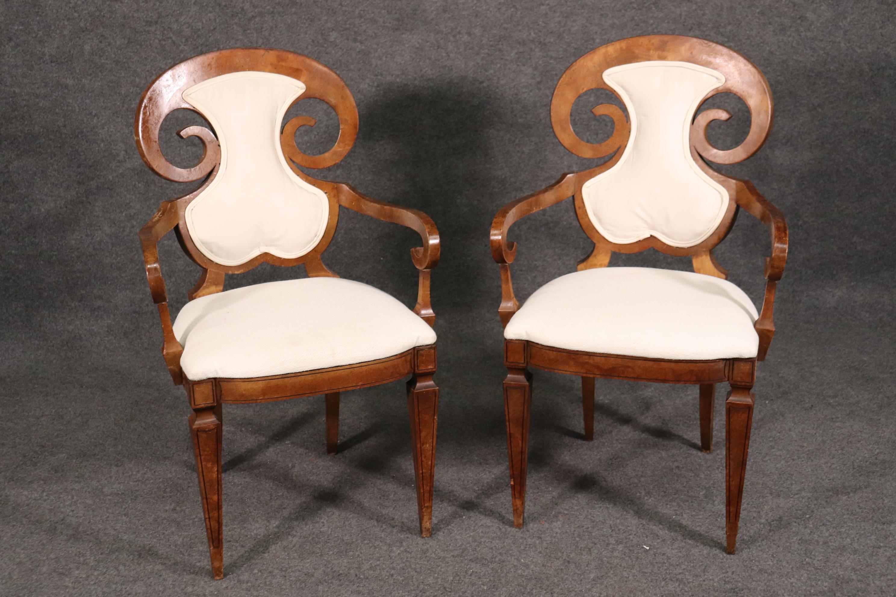 Austrian Set 6 Mastercraft Burled Walnut Biedermeier Style Dining Chairs, Circa 1960s