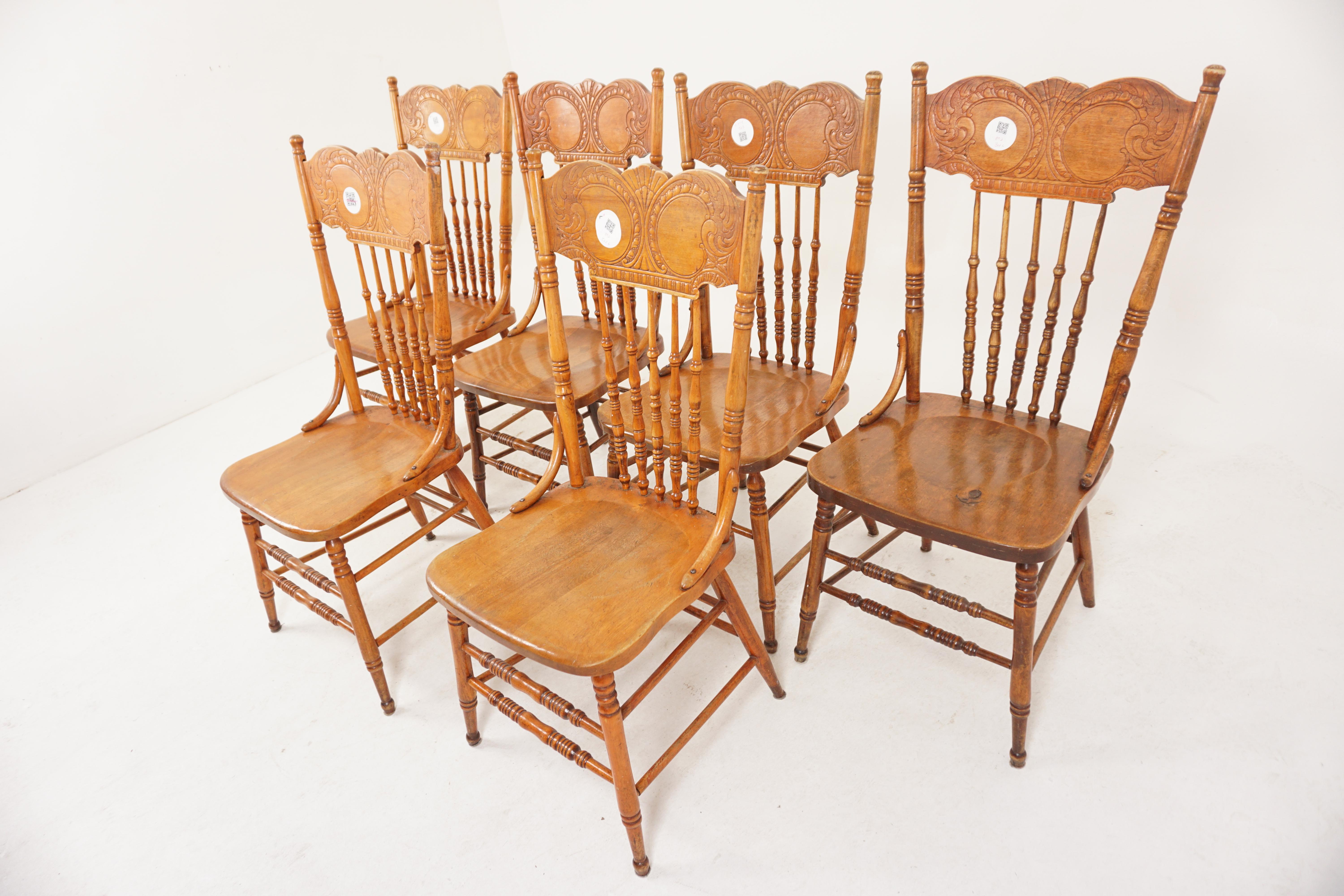 Set 6 Carved Maple Press back chair, American 1900, H892

American 1900
Solid Maple
Original Finish
Turned supports on the ends
Five turned slats on the back
Solid wooden seat
Standing on four turned legs
Connected by double stretchers