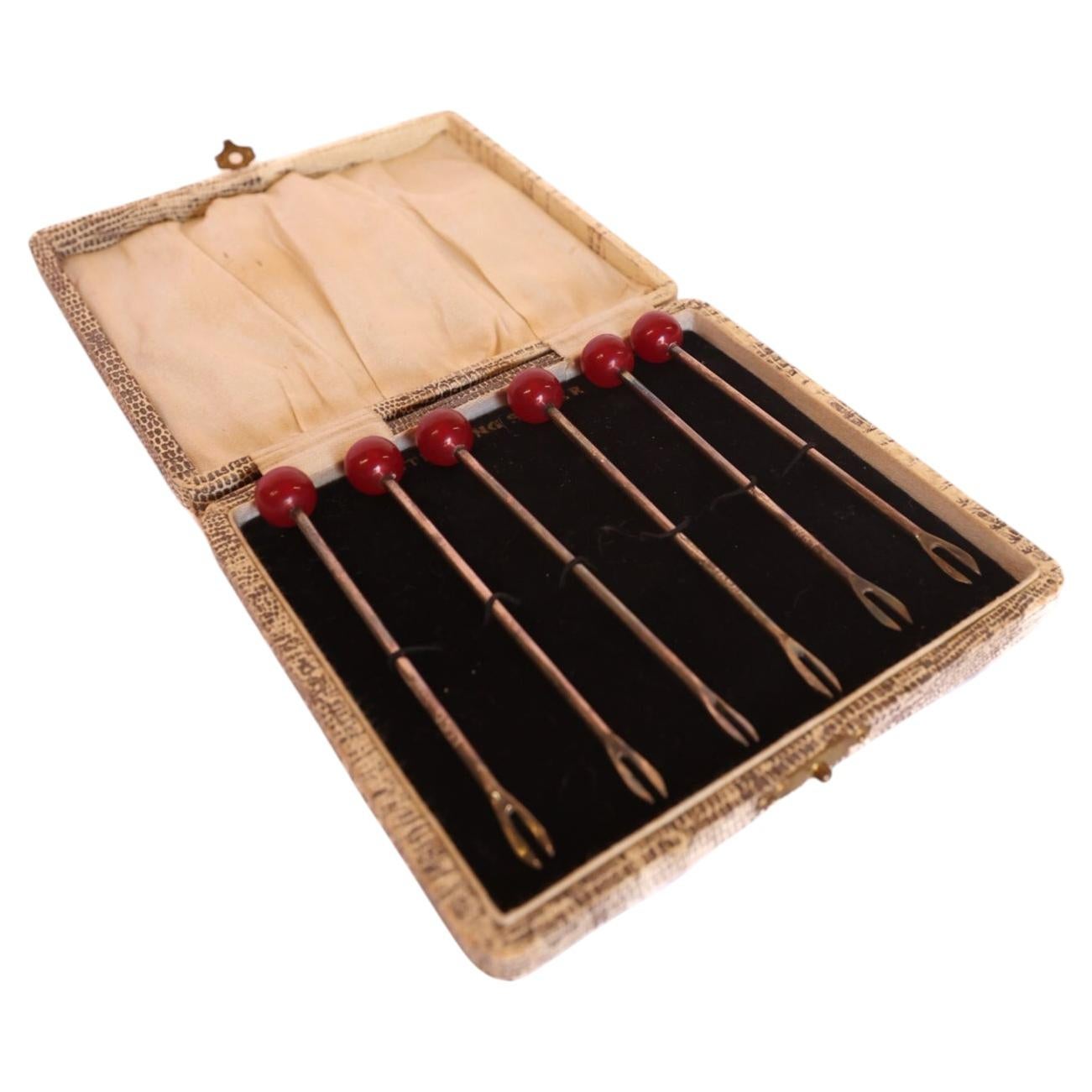 Set 6 cased Cherry Cocktail sticks 1930s For Sale