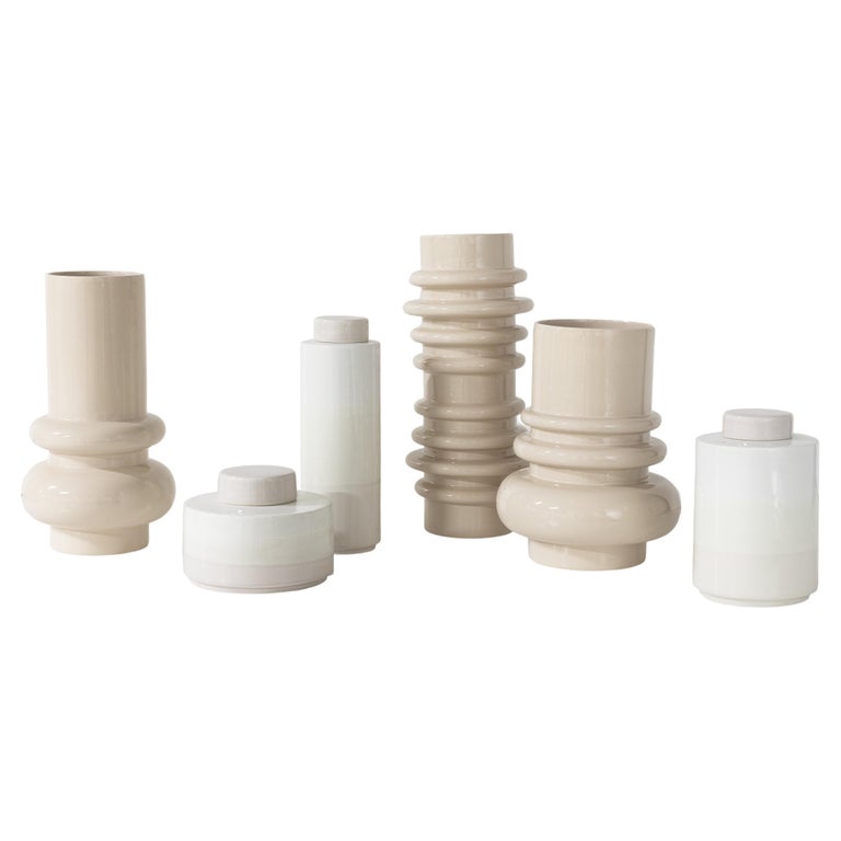 Set/6 Ceramic Pots & jars, White & Cream, Handmade in Portugal by Lusitanus Home For Sale