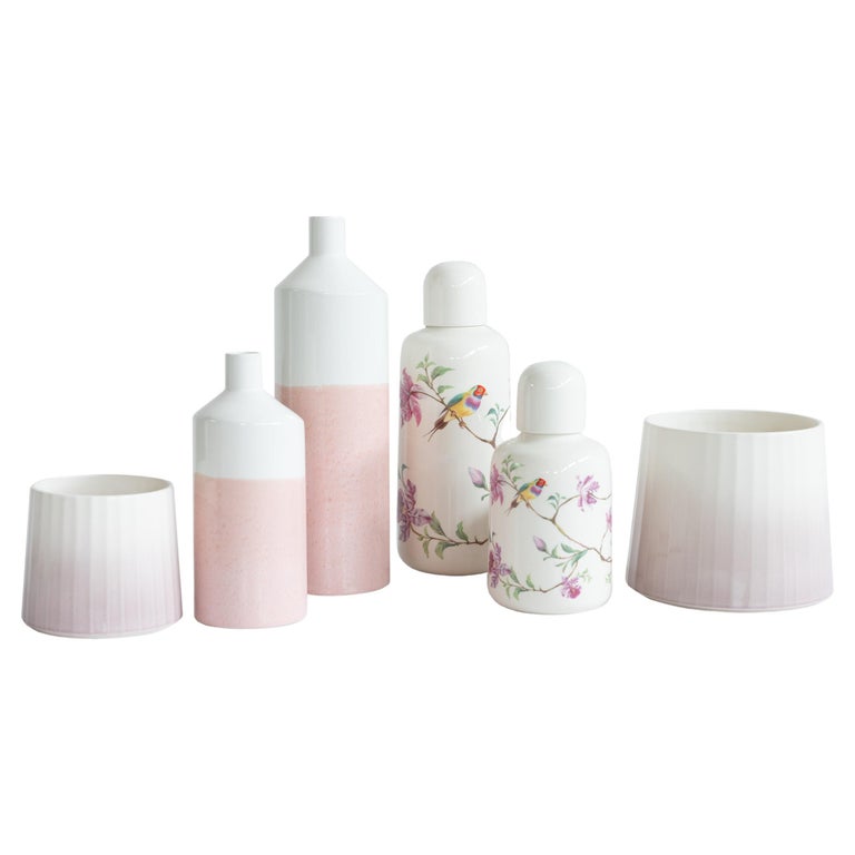 Set/6 Ceramic Pots & Vases, White & Pink, Handmade in Portugal by Lusitanus Home For Sale