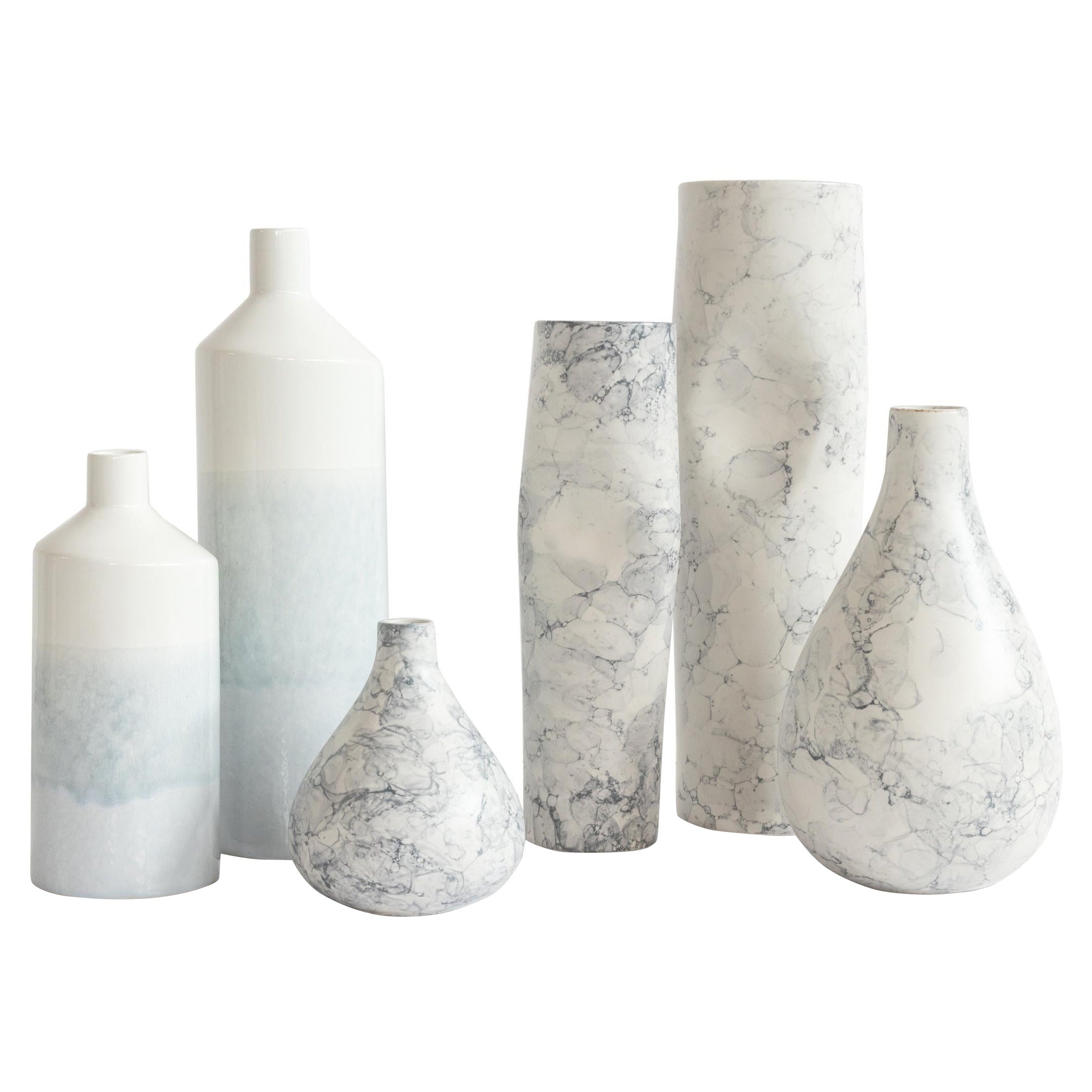 Set/6 Ceramic Vases, White & Blue, Handmade in Portugal by Lusitanus Home