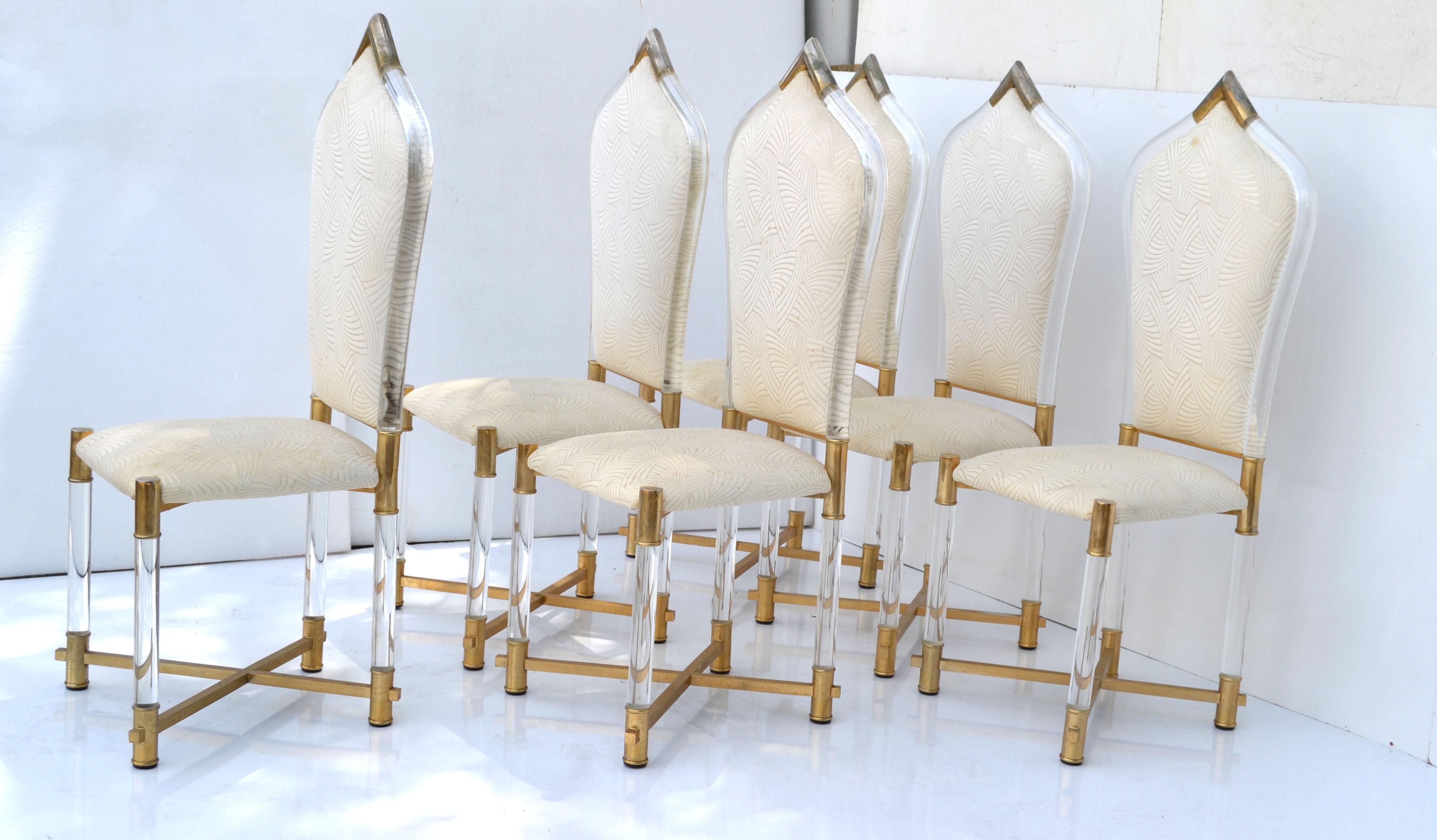 Patinato Set di 6 sedie da pranzo Charles Hollis Jones con base a X in lucite, stile metà secolo. in vendita