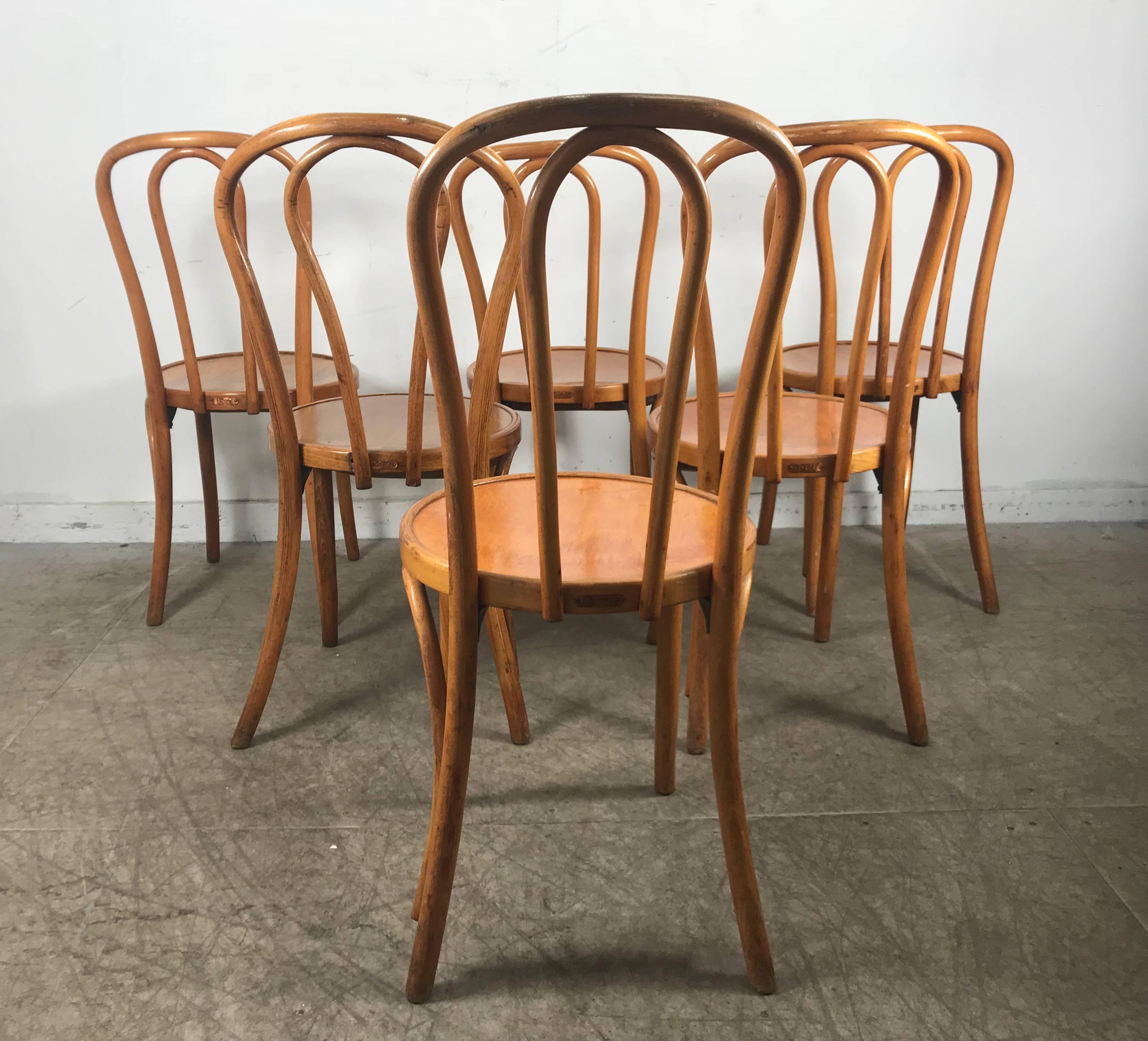 Set of Six Classic American bentwood side chairs by Thonet New York, nice set of six matching chairs, retain original finish. Wonderful warm honey blond color and patina.The model no. 18 is a version of the world's famous Classic Thonet coffeehouse