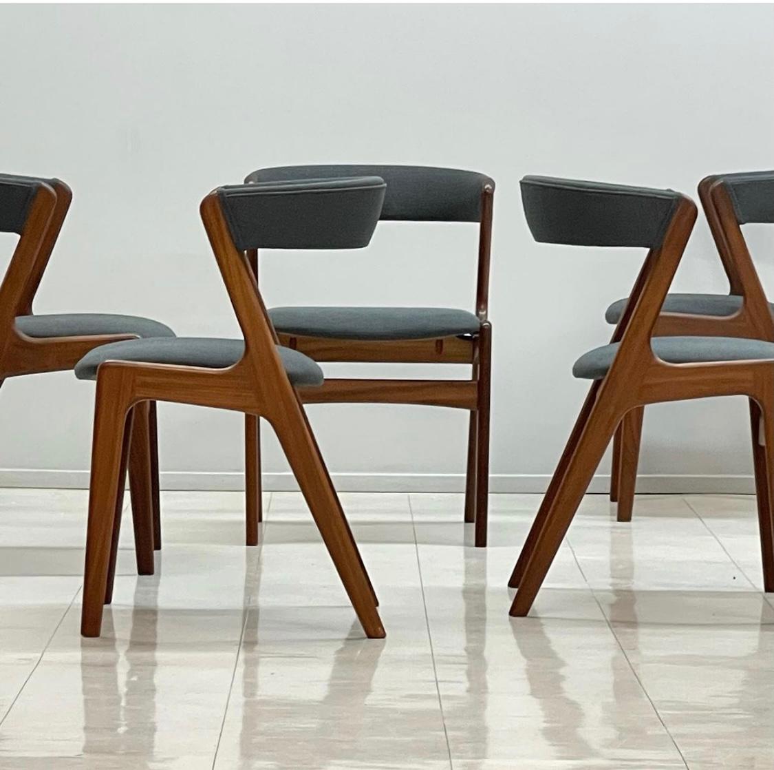 Stunning set of 6 dining chairs designed by Kai Kristiansen,, Made in Denmark, beautifully restored,, Superior quaiity and construction ,,Extremely comfortable,, Hand delivery avail to New York City or anywhere en route from Buffalo NY.