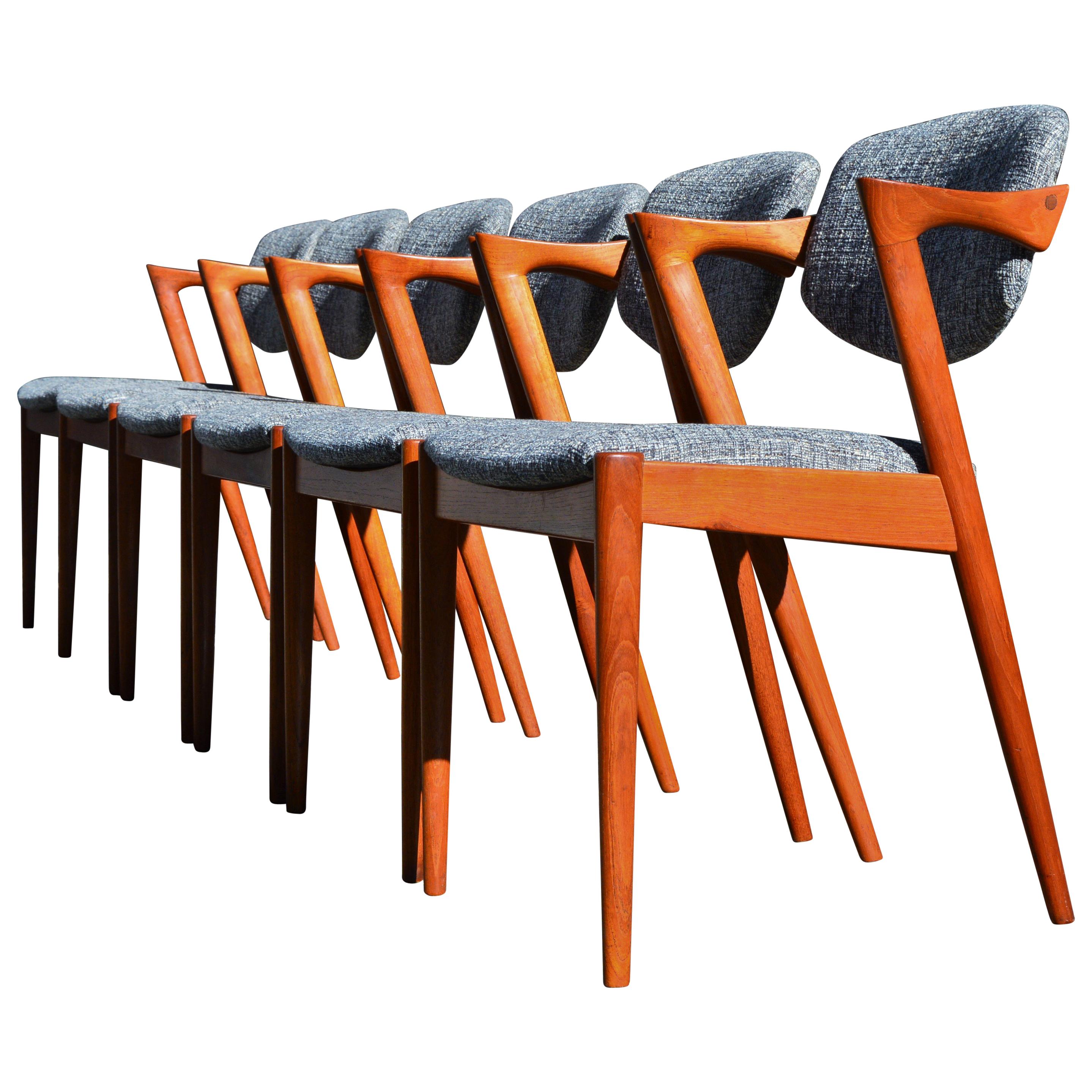 Set 6 Danish Modern Kai Kristainsen Teak Model 42 "Z" Dining Chairs, Gray Tweed