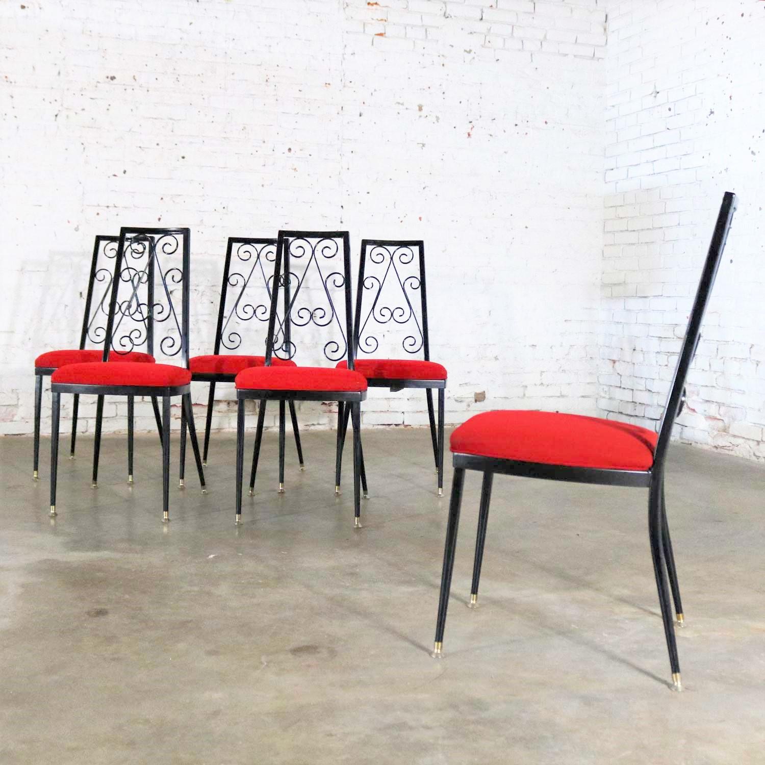 Mid-Century moderno Set 6 Decorables 1967 Selection for Chromcraft Metal Dining Chairs Red and Black in vendita