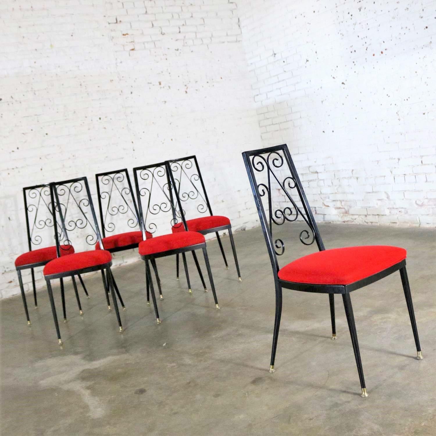 Mid-Century Modern Set 6 Decorables 1967 Selection for Chromcraft Metal Dining Chairs Red and Black For Sale