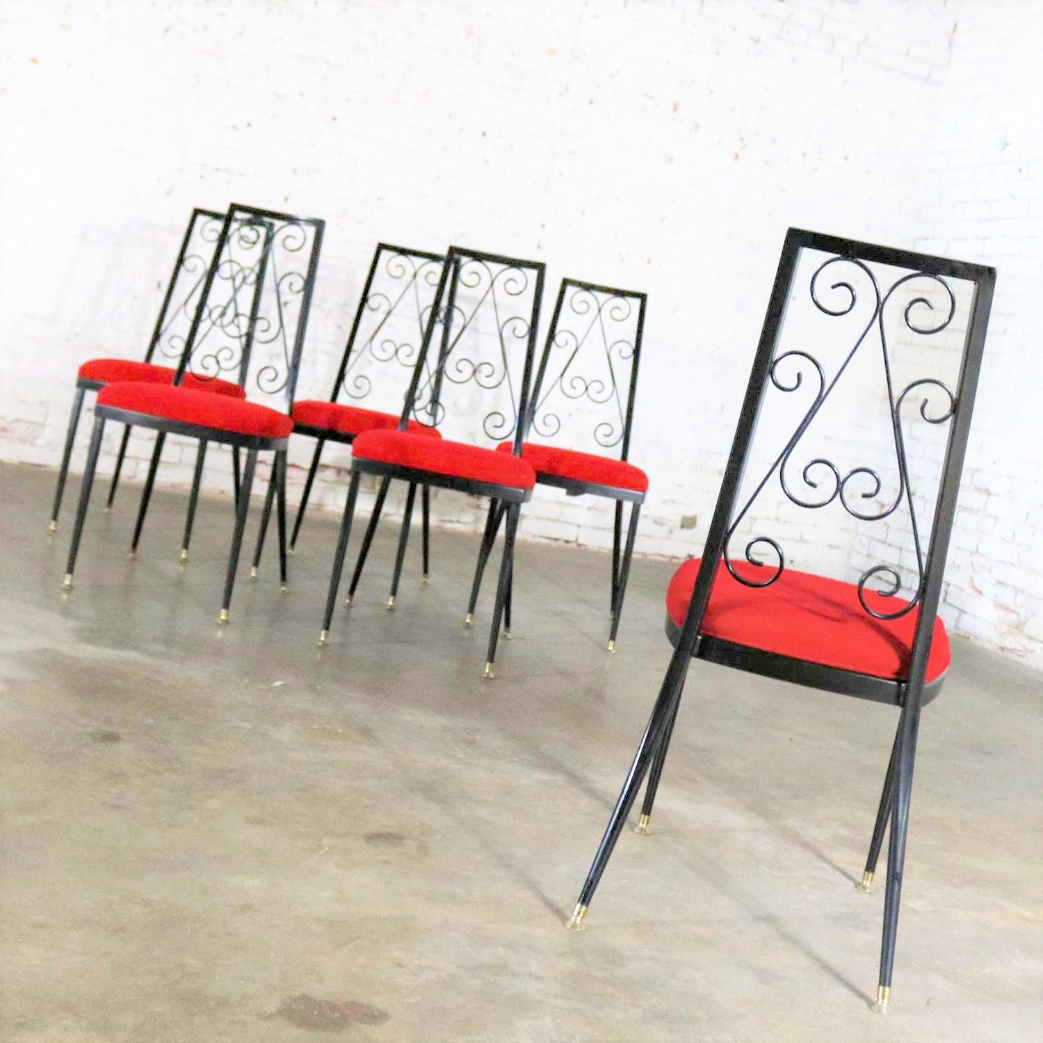 American Set 6 Decorables 1967 Selection for Chromcraft Metal Dining Chairs Red and Black For Sale